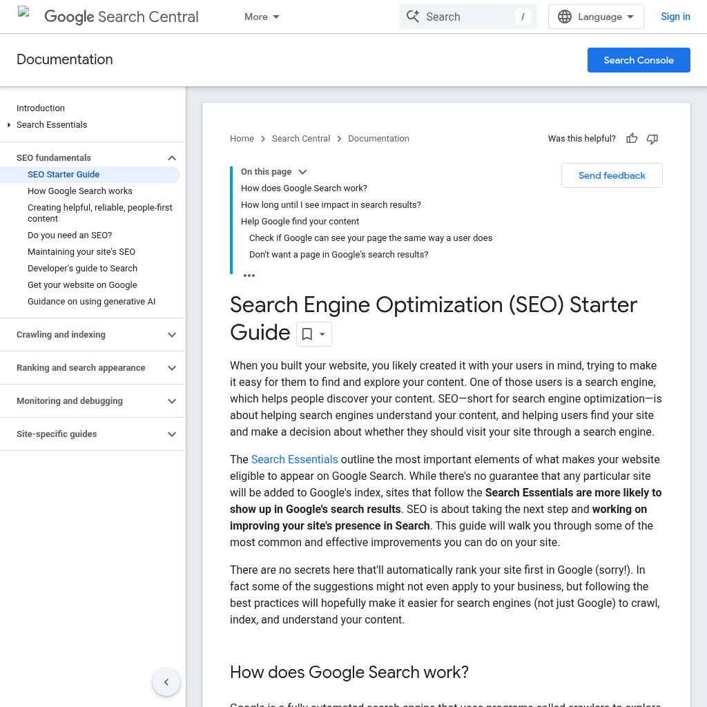 Google SEO Starter Guide interface