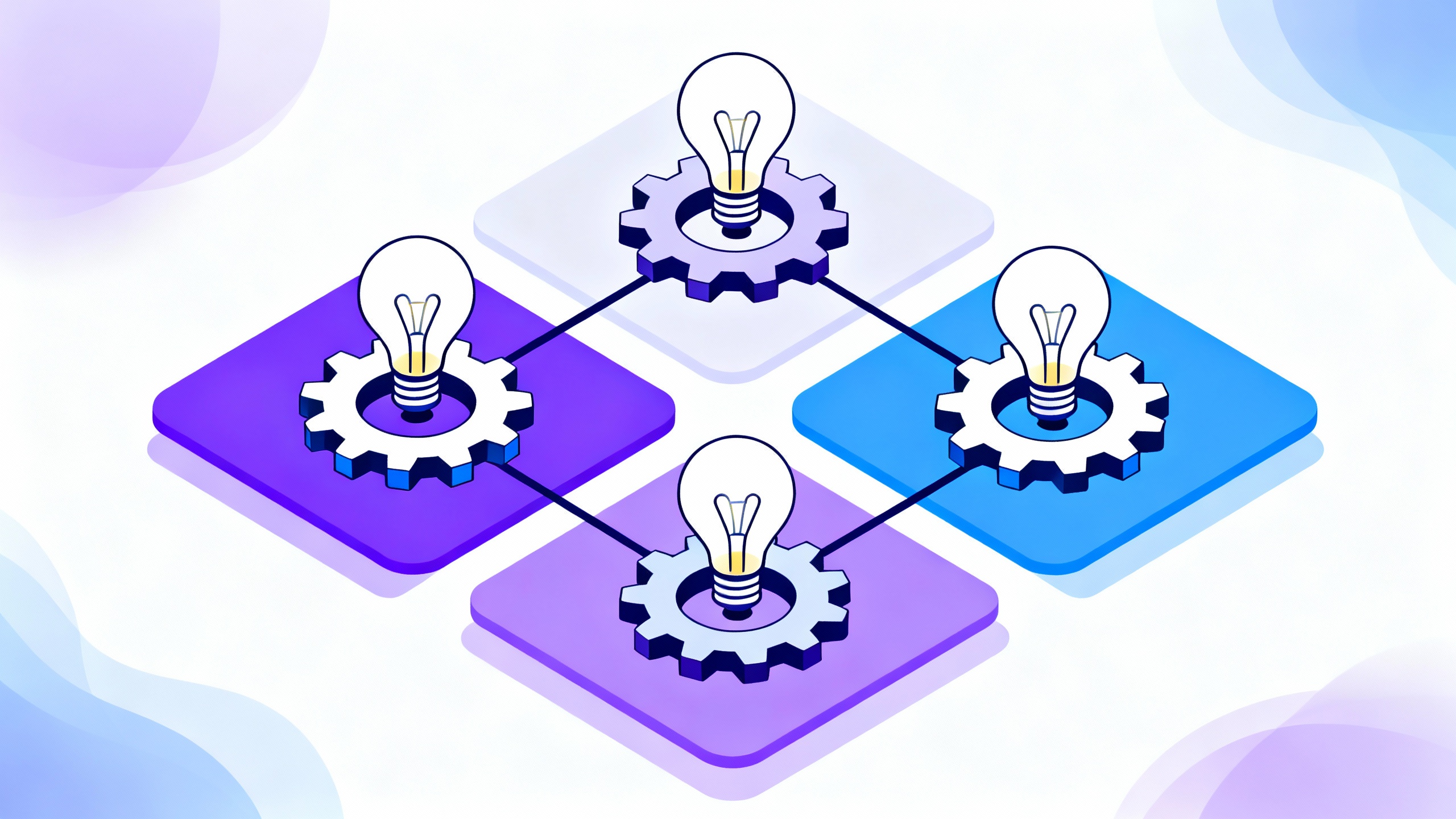 Foursight thinking simulation - Isometric illustration of Foursight thinking simulation workflow with four distinct color-coded quadrants, connecting gears and lightbulb icons, set against a clean white background with soft purple and blue gradients, digital art style