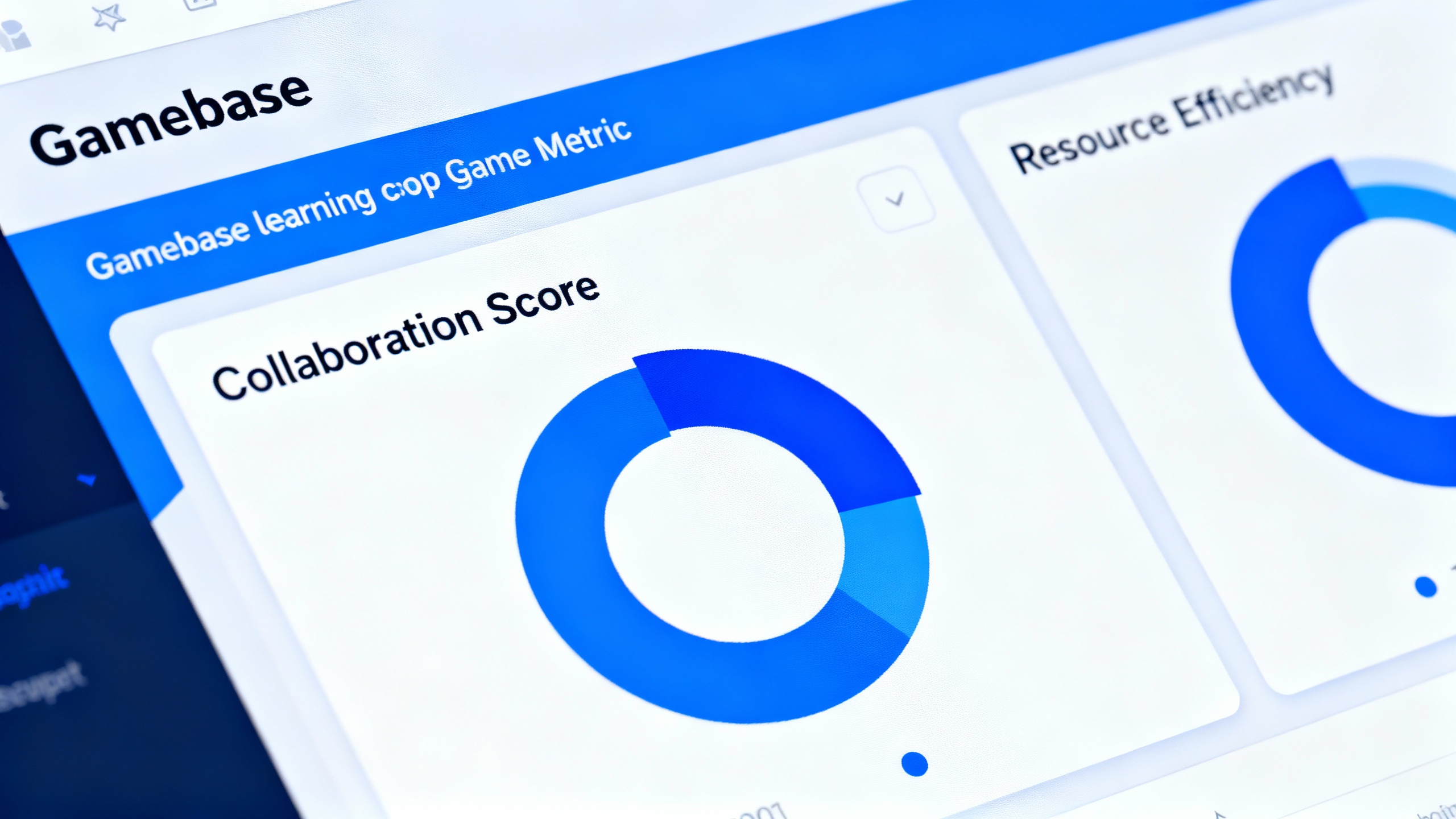 Gamebase learning co-op game - Close-up sleek software interface displaying Gamebase learning co-op game metrics, clean modern UI with blue and white color scheme, charts showing 'Collaboration Score' and 'Resource Efficiency', minimalist design