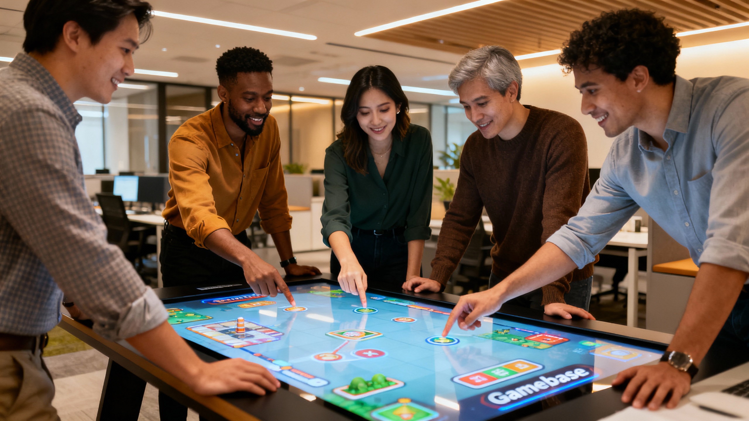 Gamebase learning co-op game - Modern corporate office meeting room with a diverse team collaborating around a large interactive touch table, pointing at digital elements of a Gamebase learning co-op game, warm lighting, professional business casual attire