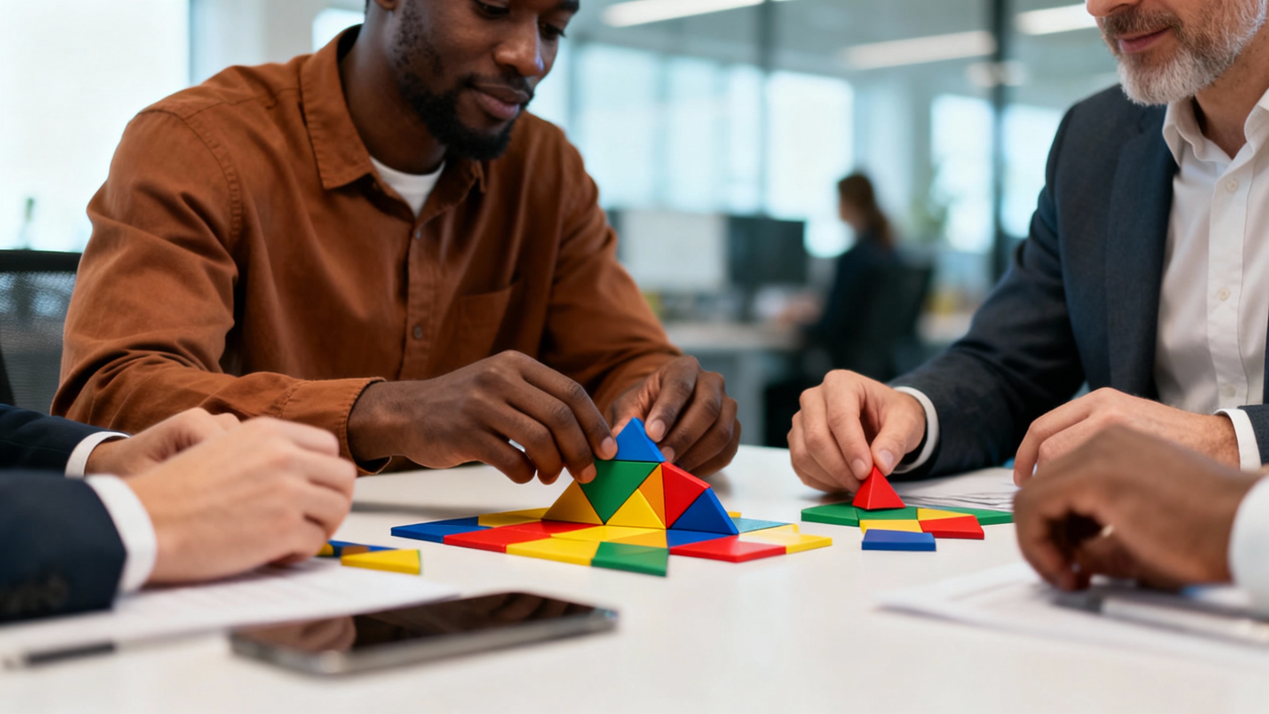 problem-solving games for team building - Modern diverse corporate team gathered around a large table in a bright office, engaging with a physical problem-solving game involving geometric constructs, expressions of focused collaboration and engagement, soft natural lighting, professional setting