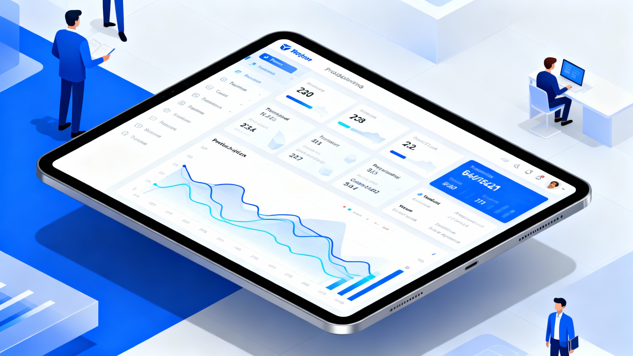 problem-solving games for team building - Close-up of a sleek software interface on a tablet displaying team performance metrics and problem-solving analytics, blue and white color scheme, graphs showing communication flow and task completion rates, modern UI design