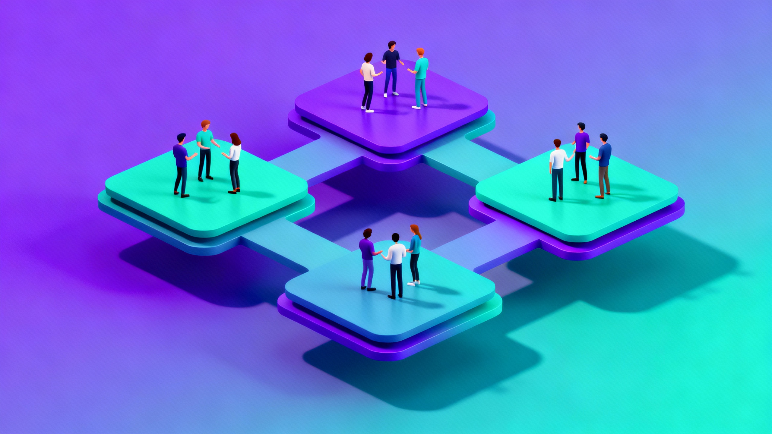 experiential learning courses - Isometric illustration of the experiential learning cycle with four connected stages labeled with icons, geometric shapes, collaborative figures, purple and teal gradient colors, digital art style