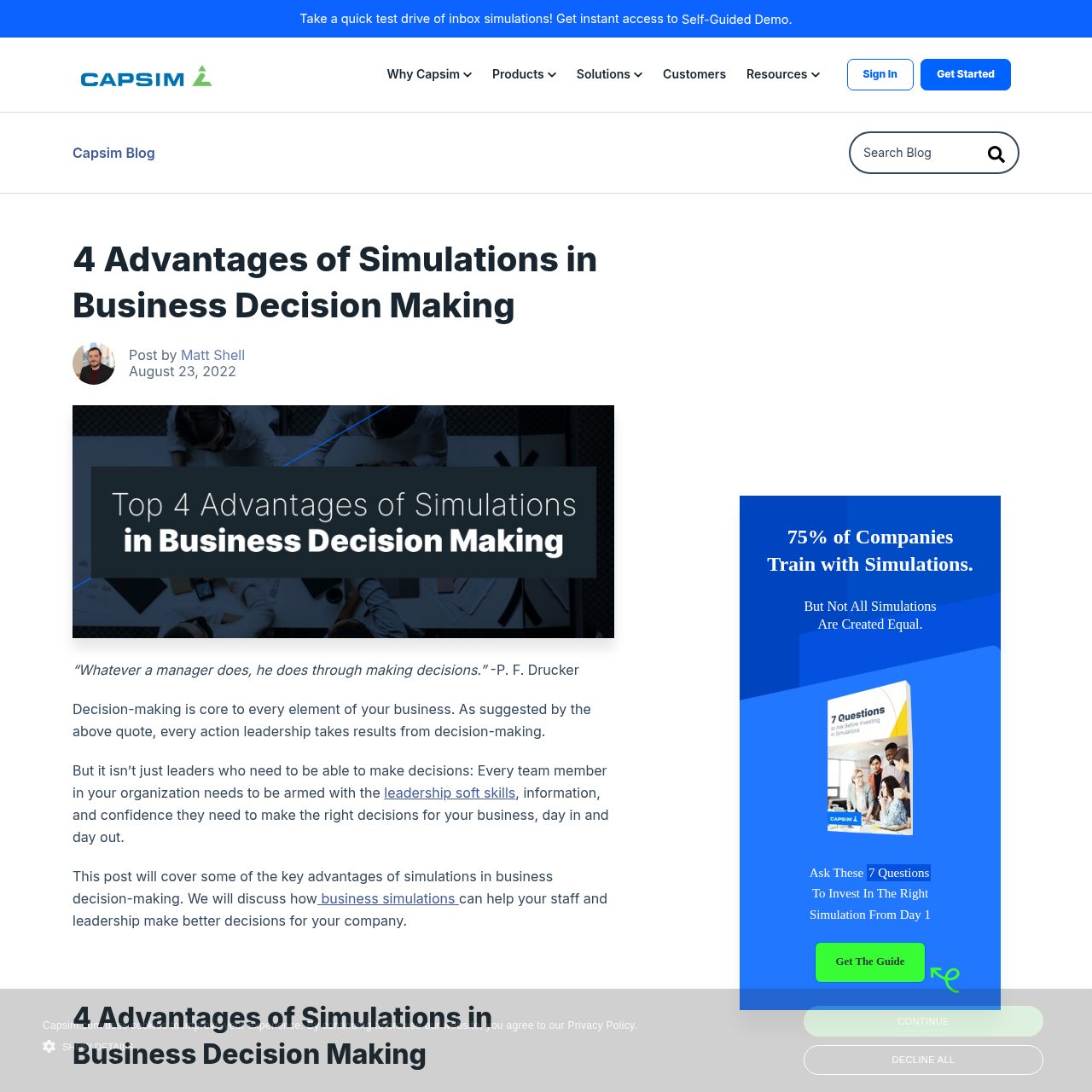 Capsim Business Simulations website interface