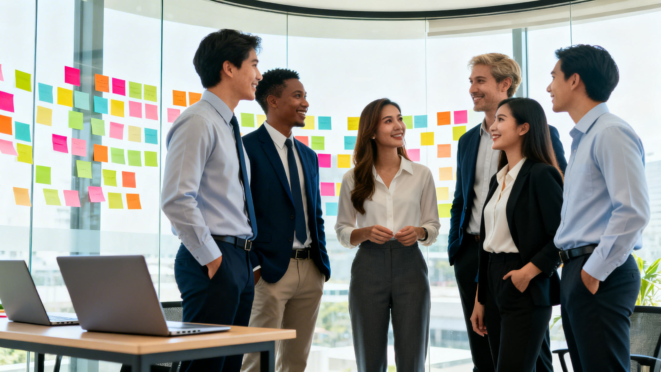 communication team building activities - Modern corporate office with diverse coworkers participating in communication team building activities, standing in a semi-circle near a glass wall covered with colorful sticky notes, open laptops on a table, bright natural lighting, professional collaborative atmosphere