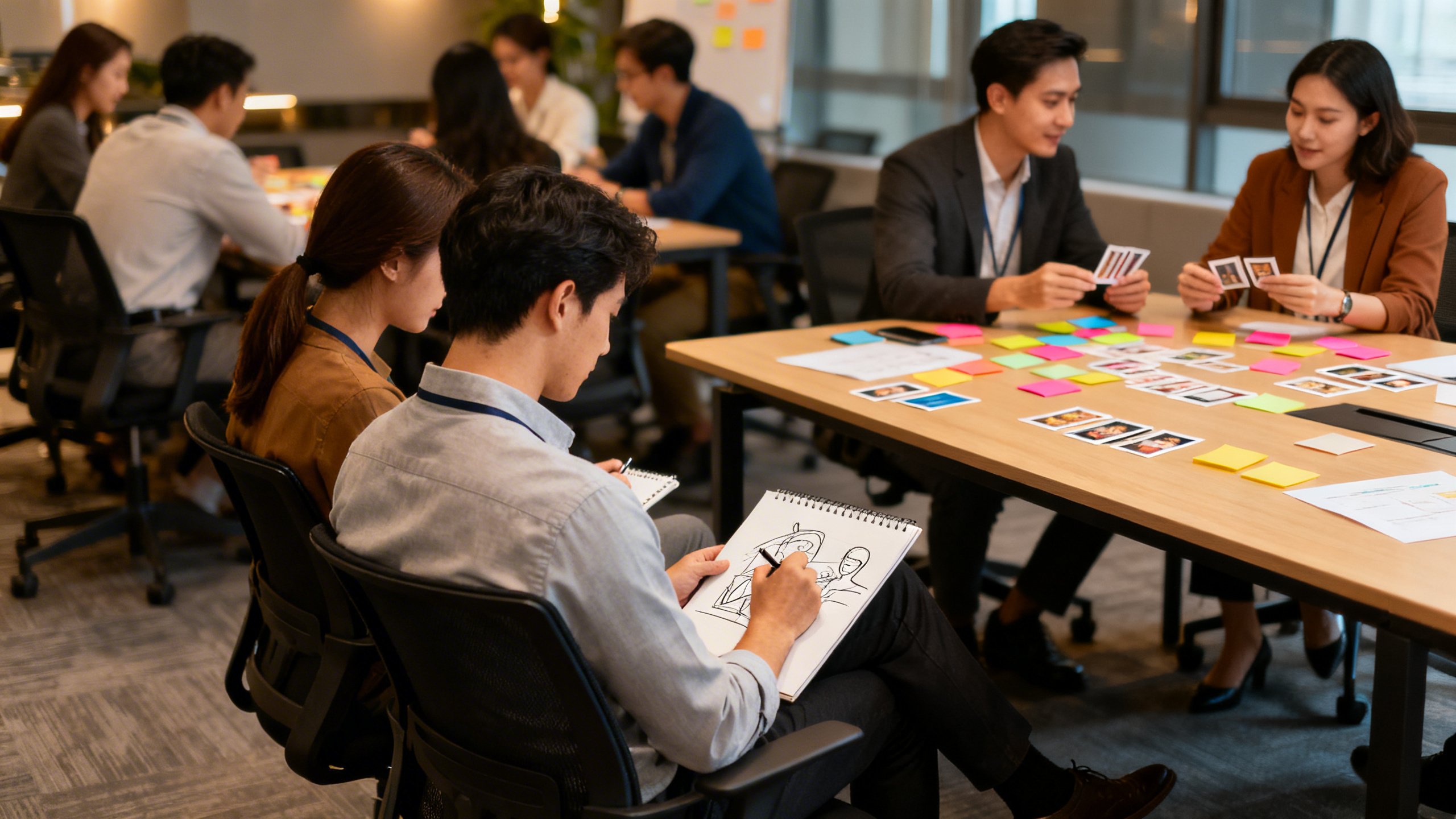 communication team building activities - Conference room workshop scene with small groups doing communication team building activities, one pair sitting back-to-back sketching while another group discusses cards and sticky notes, warm office lighting, modern furniture, energetic professional setting