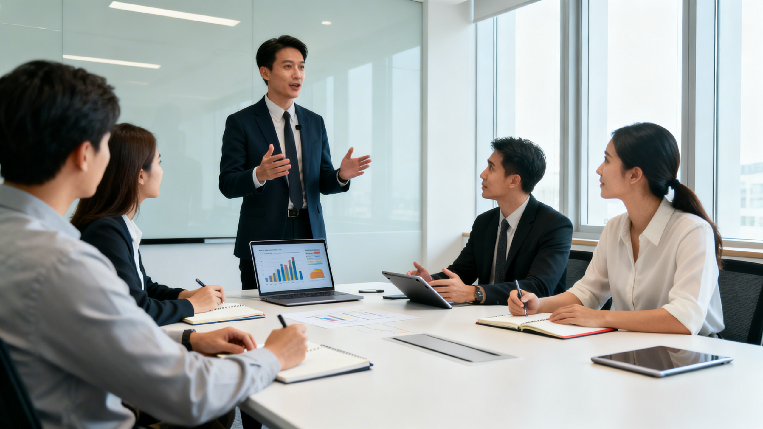 communication team building activities - Team facilitator leading communication team building activities in a bright meeting room, coworkers seated around a table with notebooks and tablets, open body language, subtle charts on a laptop screen, clean modern office design
