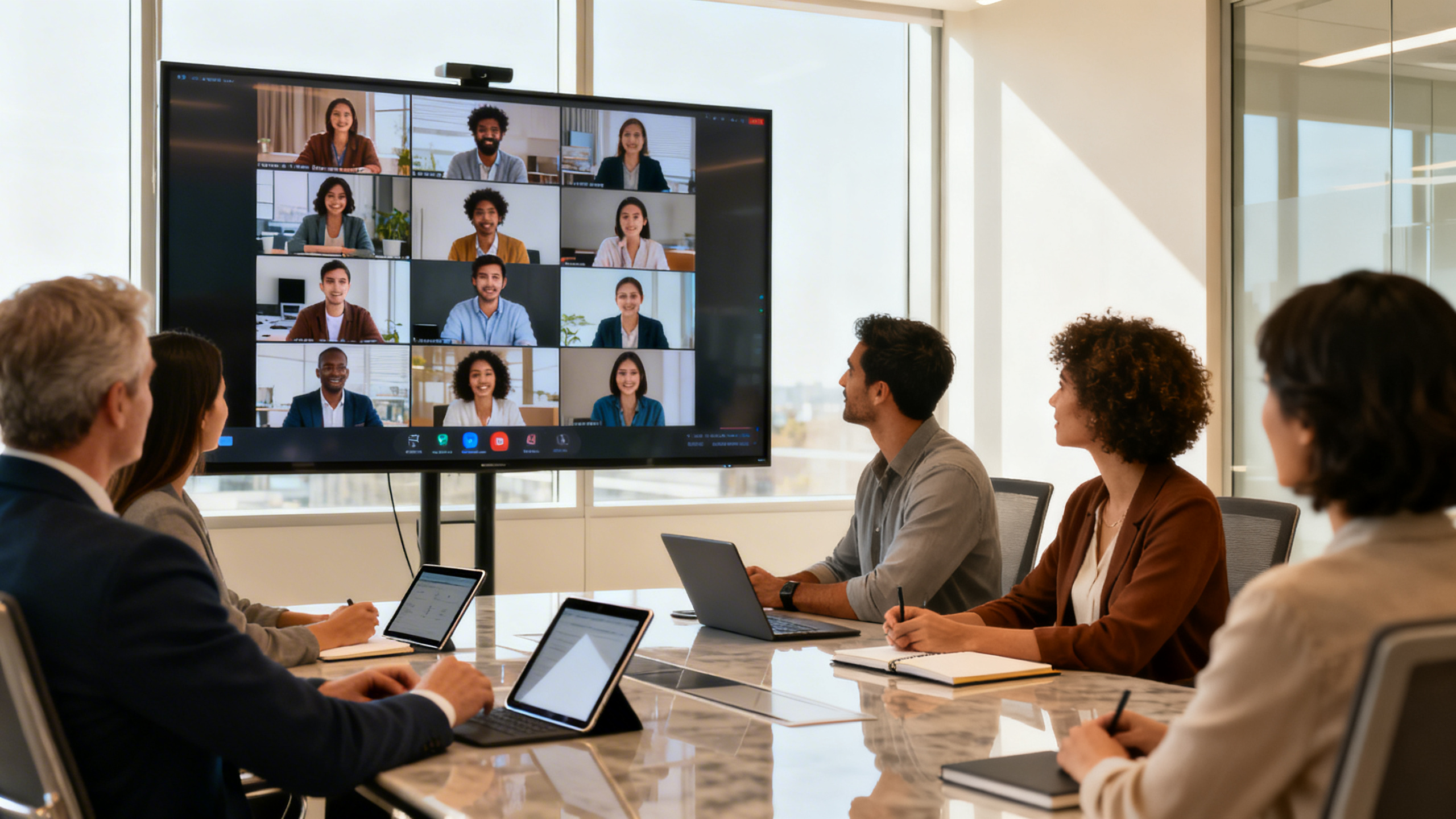 communication team building activities - Hybrid team collaborating during communication team building activities, large video screen with remote coworkers, in-office employees around a polished table, tablets and notebooks visible, soft daylight, sleek contemporary workplace