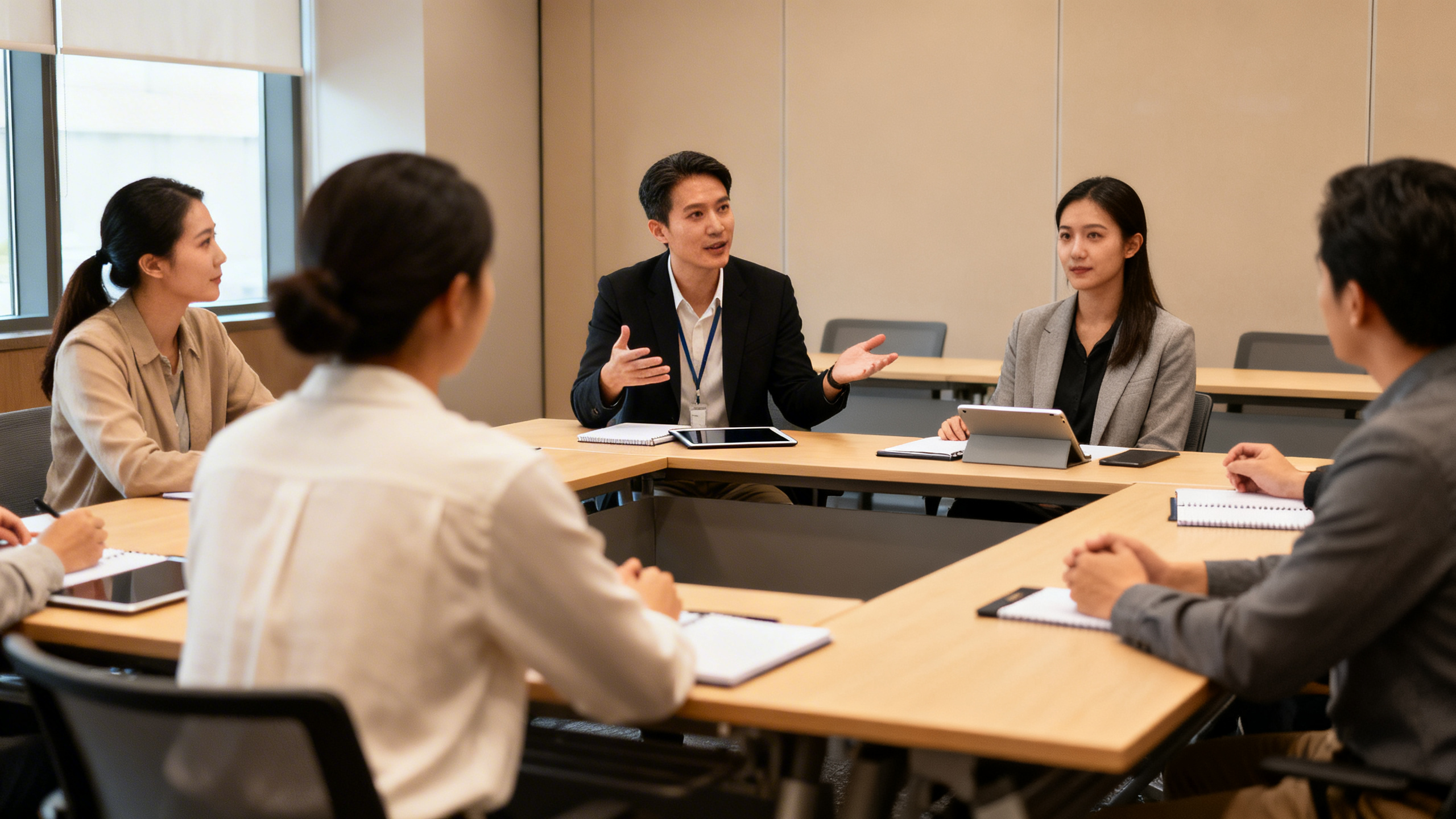 how does perception affect communication - Professional workshop scene focused on improving communication through perception awareness, facilitator leading a small group in active listening exercise, participants seated face to face with notebooks and tablets on tables, warm neutral colors, modern training room, realistic detail
