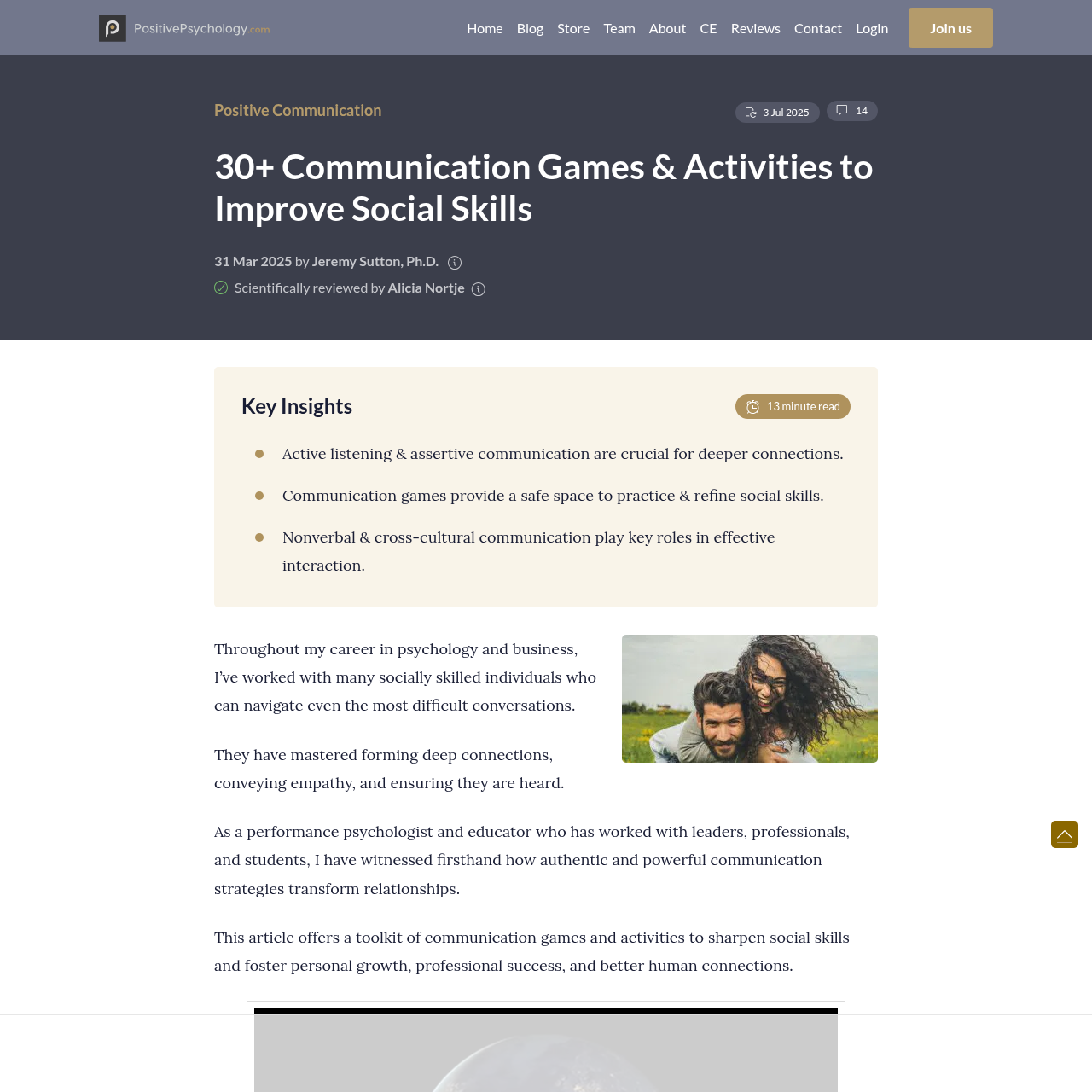 Positive Psychology communication games and activities interface