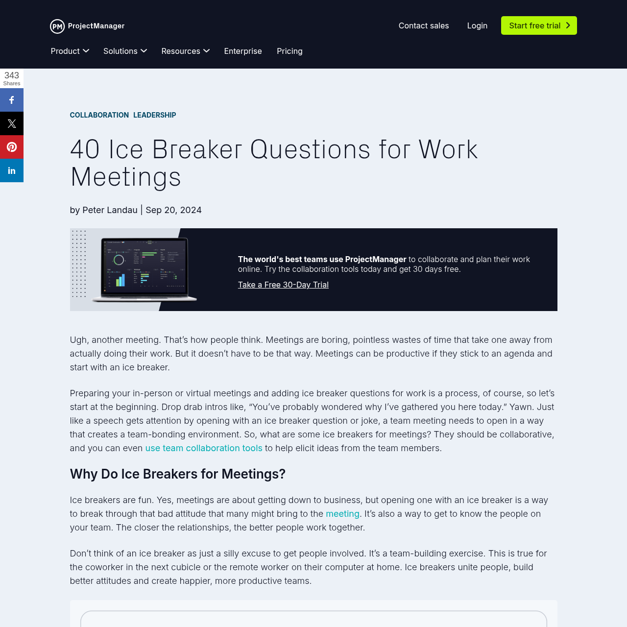 40 Ice Breaker Questions for Work Meetings - ProjectManager interface