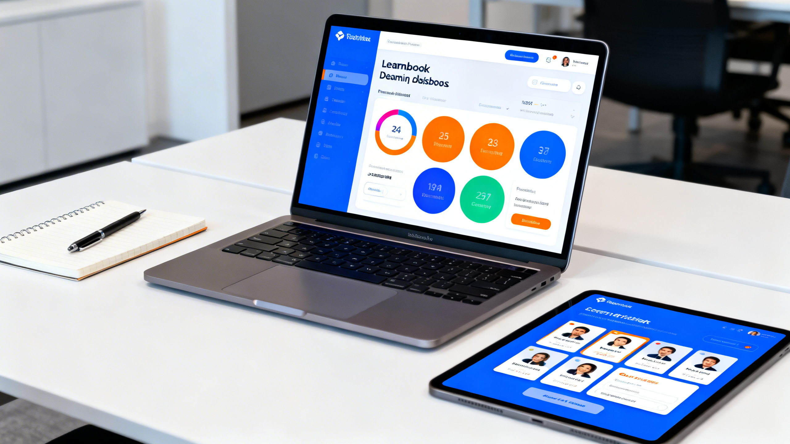 fun training ideas for staff - Close-up of a sleek learning dashboard displayed on a laptop and tablet, colorful progress circles, interactive quiz cards, team avatars, clean blue and orange interface, minimalist desk setup with notebook and pen in a modern office