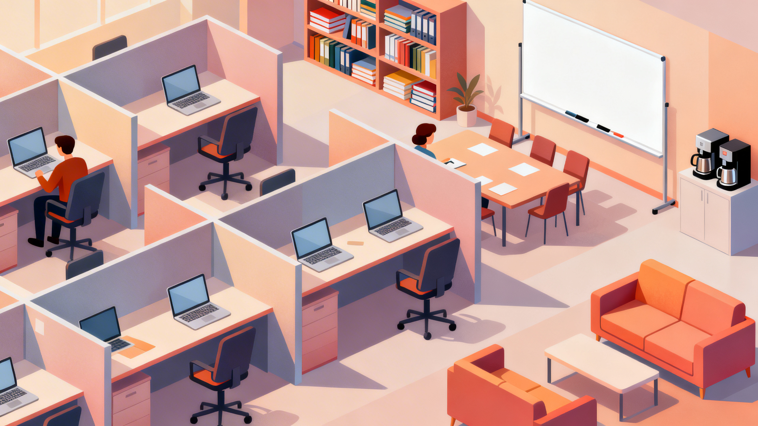 fun training ideas for staff - Isometric 3D illustration of a workplace learning ecosystem, small office scenes connected by pathways, quiz podium, puzzle-solving table, role-play corner, clocks and badges floating around, teal and purple gradient style with polished corporate design