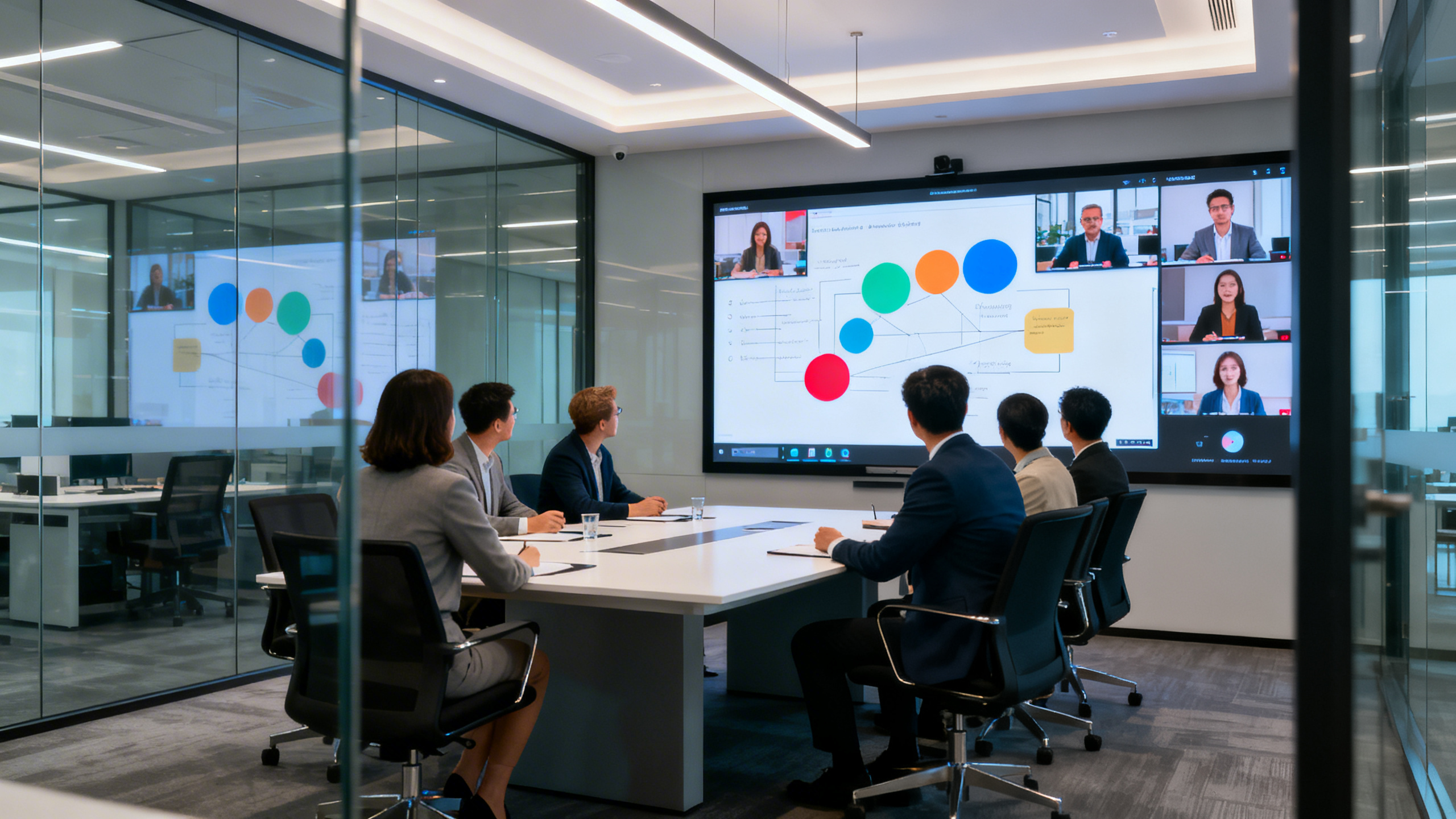 fun training ideas for staff - Hybrid staff training session in a glass-walled meeting room, half the team seated around a conference table and half appearing on a large video screen, digital whiteboard filled with colorful shapes and diagrams, sleek modern office lighting