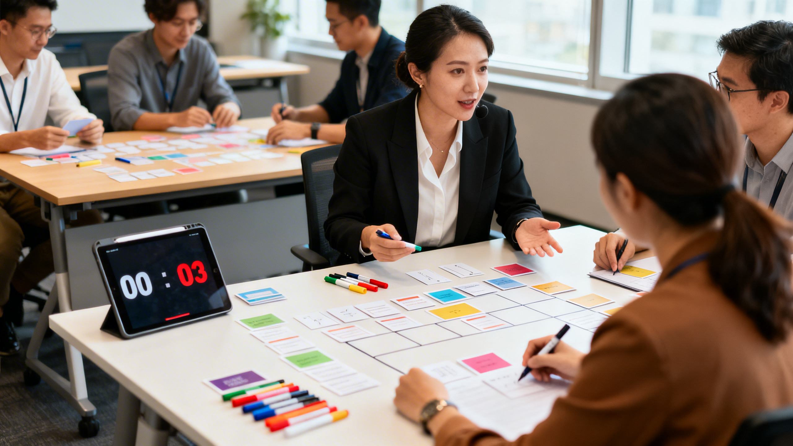 fun training ideas for staff - Professional facilitator leading a hands-on employee workshop, small groups arranging cards and markers on tables, tablet with visible countdown timer, warm natural light, focused yet upbeat corporate classroom setting