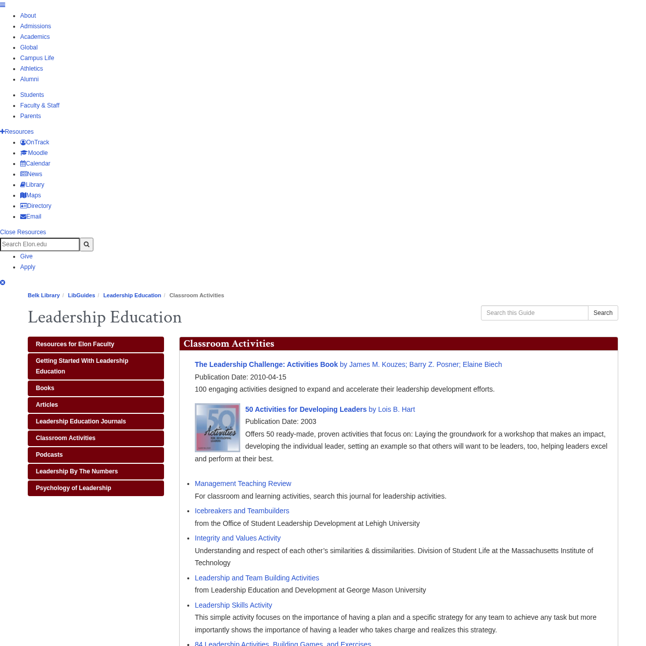 Elon University leadership education LibGuides screenshot