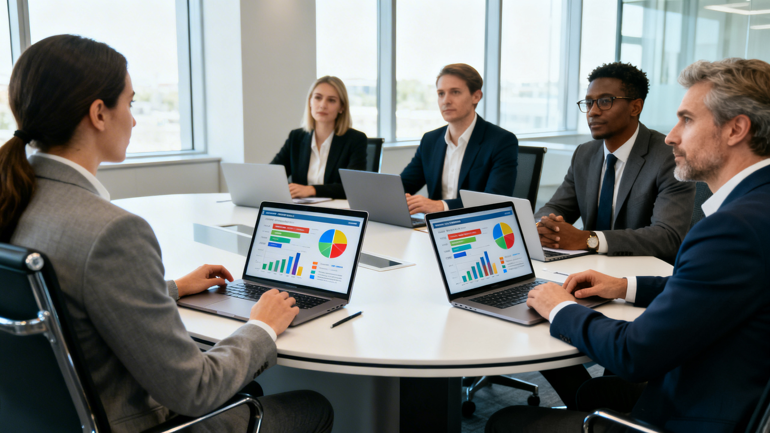 interpersonal skills selection criteria - Modern corporate office with diverse hiring panel speaking with a candidate across a round conference table, laptops showing colorful evaluation dashboards and charts, bright natural light through large windows, polished professional business environment, realistic photography style