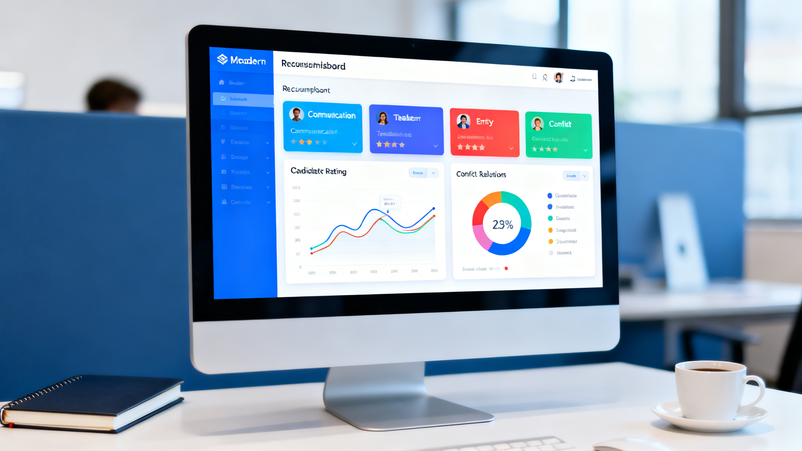 interpersonal skills selection criteria - Clean modern recruitment dashboard on a sleek desktop monitor, colorful charts and candidate rating cards for communication, teamwork, empathy, and conflict resolution, blue and white interface, minimalist office desk with notebook and coffee cup, realistic professional style