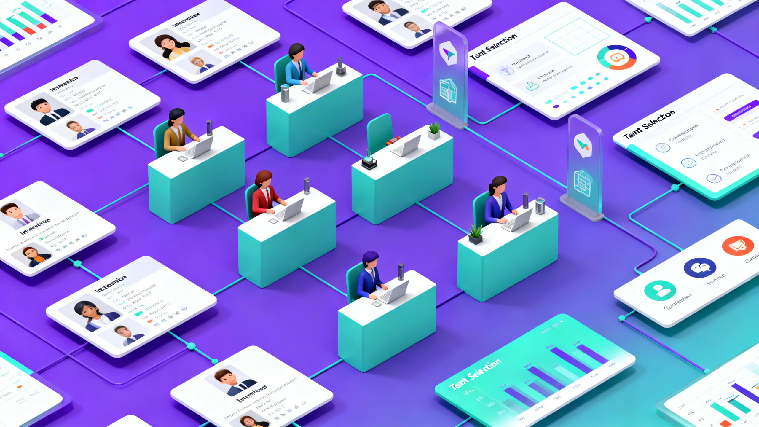 interpersonal skills selection criteria - Isometric 3D illustration of a talent selection workflow with interview stations, candidate profile cards, collaboration icons, and analytics panels connected across a clean purple and teal gradient workspace, modern digital art style, polished and professional