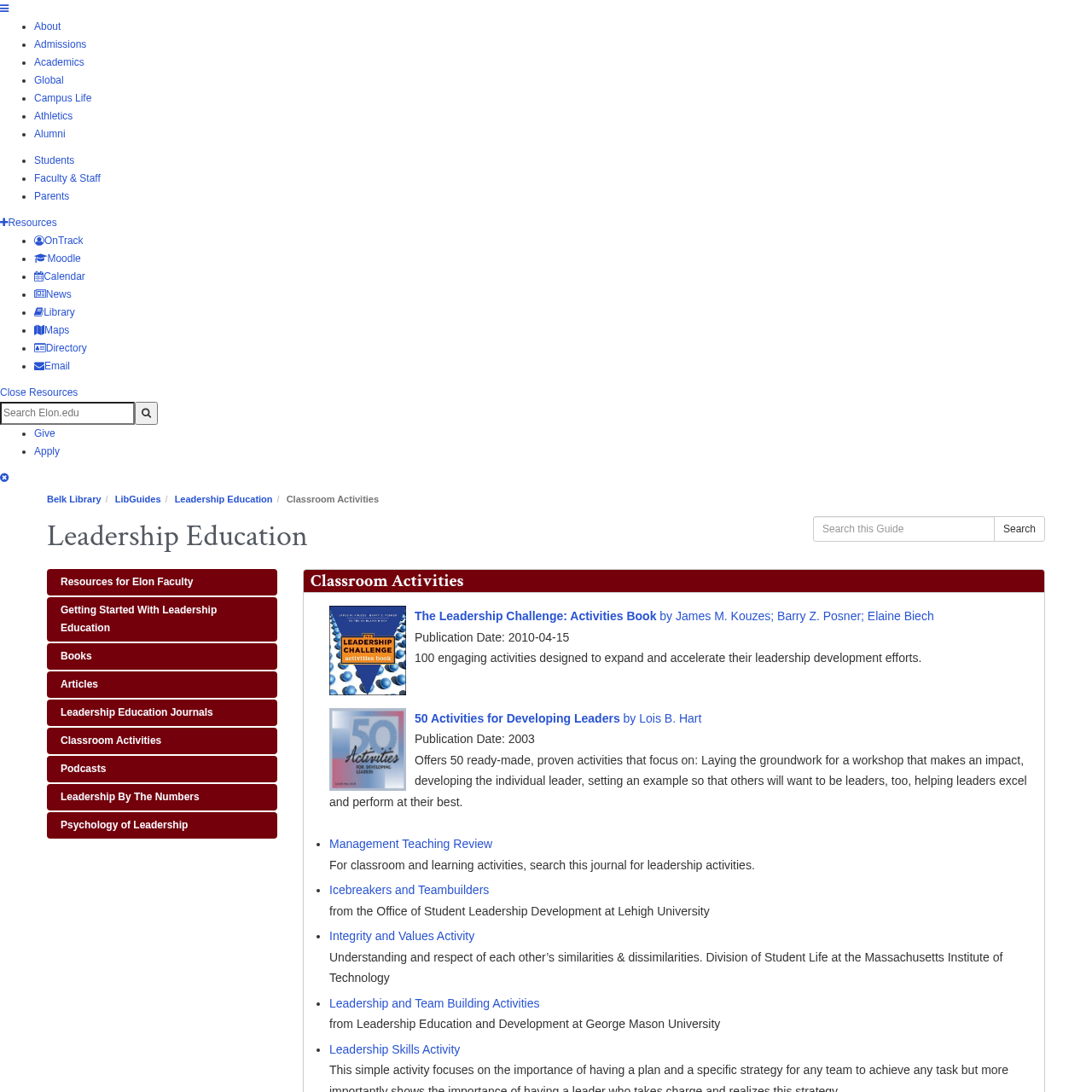 Classroom Activities - Leadership Education - LibGuides at Elon University interface