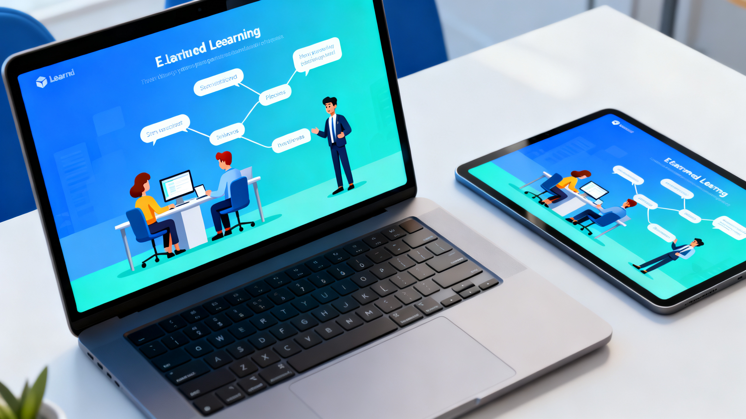 interpersonal skills animation - Close-up of sleek e-learning interface on laptop and tablet displaying animated workplace scenario with branching choices, clean blue and teal user interface, diverse cartoon-style office characters in conversation, minimal modern desk setup, soft studio lighting, high-detail digital render