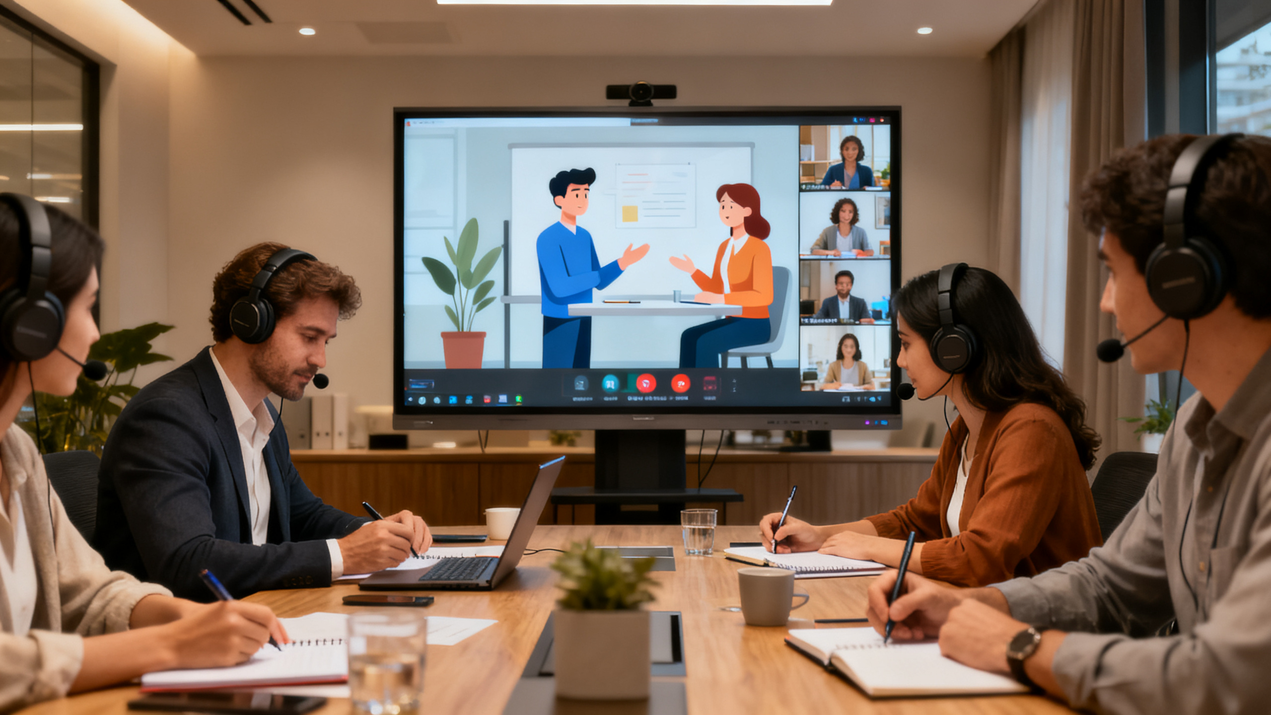 interpersonal skills animation - Remote hybrid team collaborating from home offices and a central meeting room, large monitor showing animated interpersonal training scenario, people wearing headsets and taking notes, warm neutral colors, contemporary professional environment, realistic cinematic style