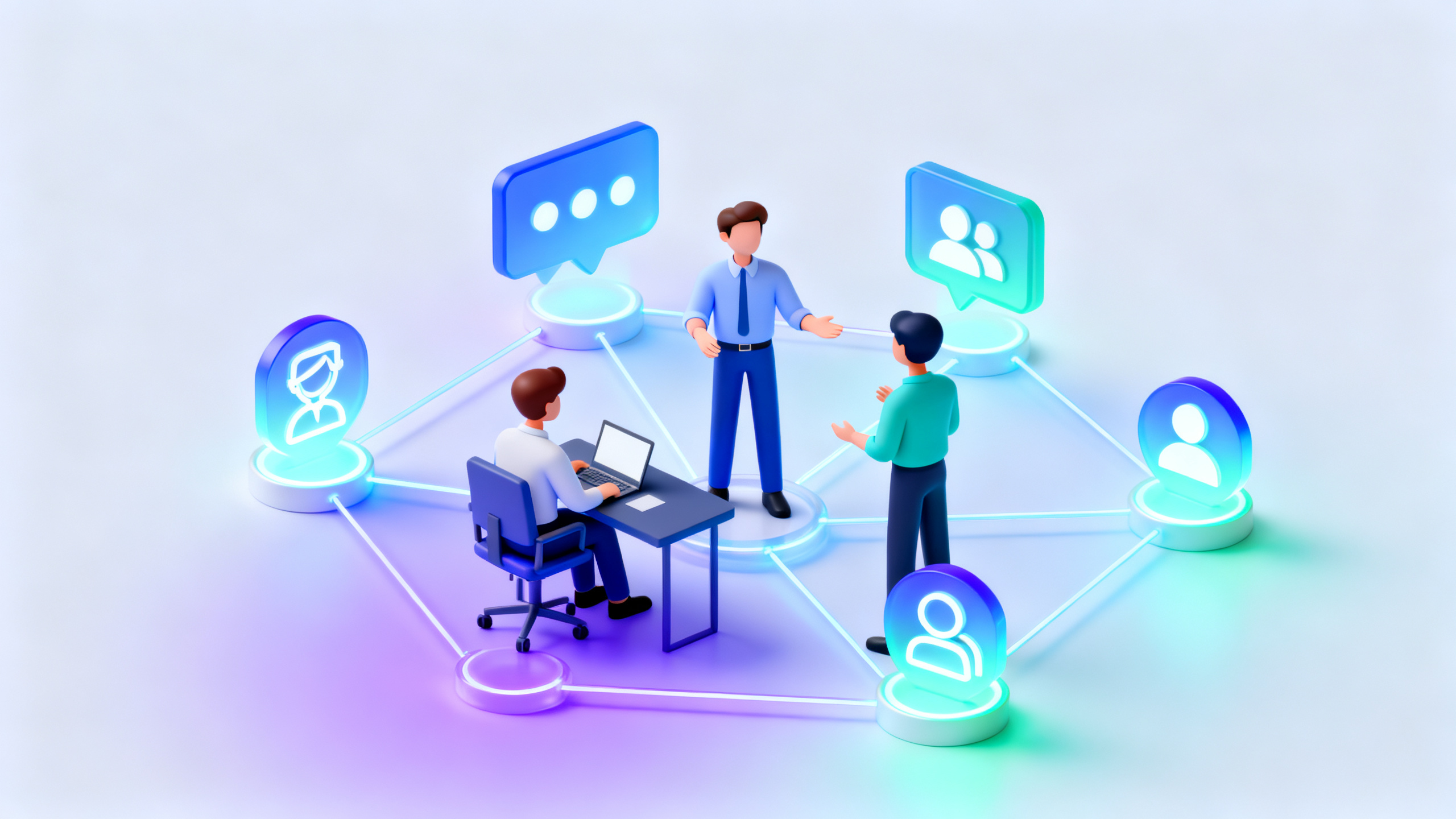 interpersonal skills animation - Isometric 3D illustration of workplace communication network with animated office characters exchanging feedback, empathy and collaboration represented through glowing connected icons, blue purple and teal gradient palette, clean digital art style, balanced composition on light background