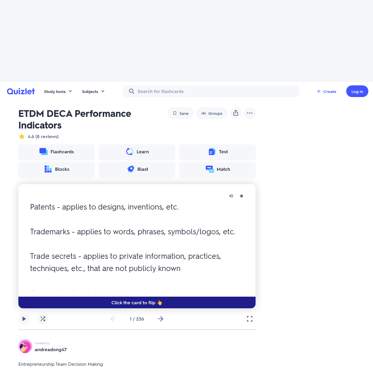 Quizlet ETDM DECA performance indicators flash cards interface