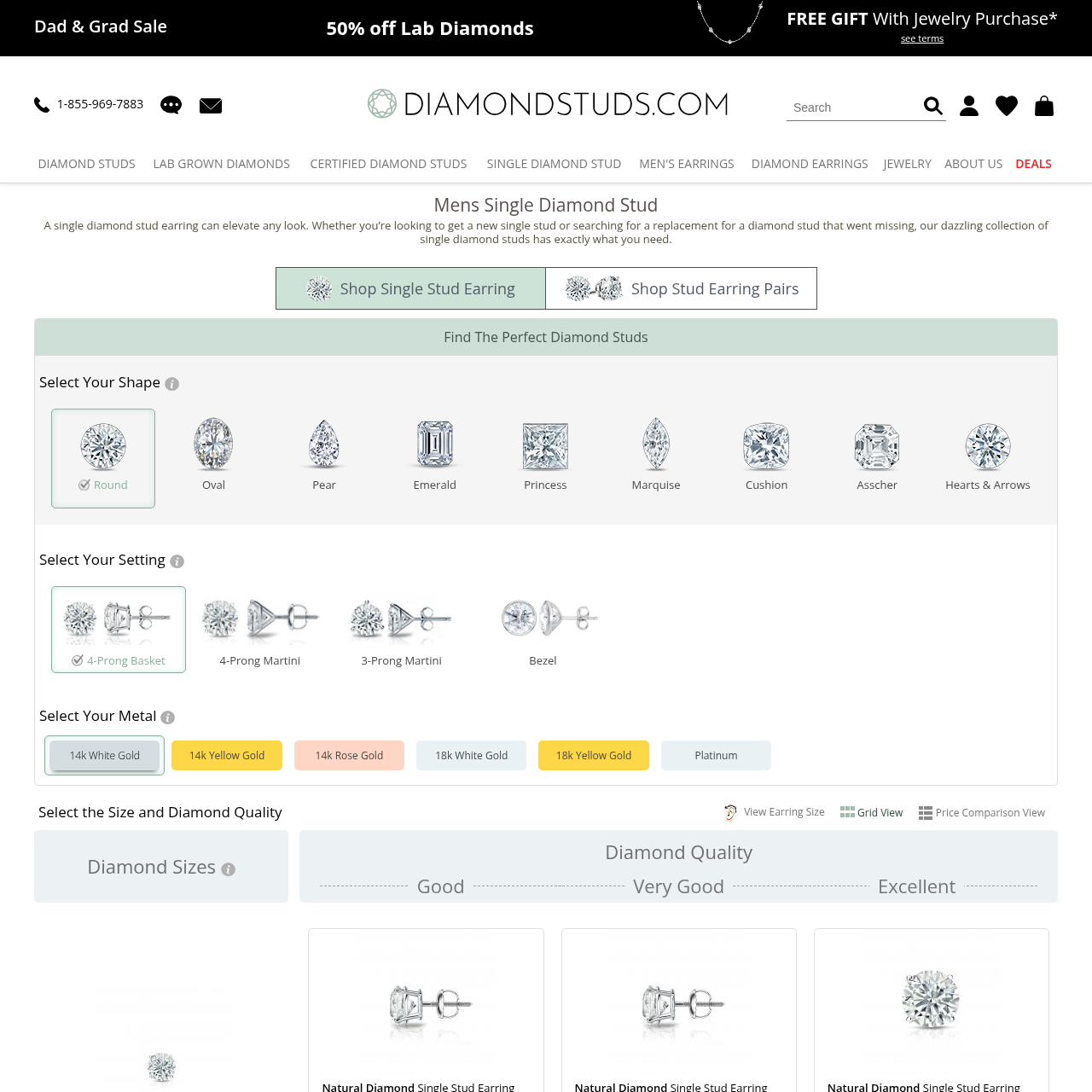 Diamondstuds.com men's single diamond stud product page featuring custom design options, natural and lab-grown diamond selection, and promotional pricing