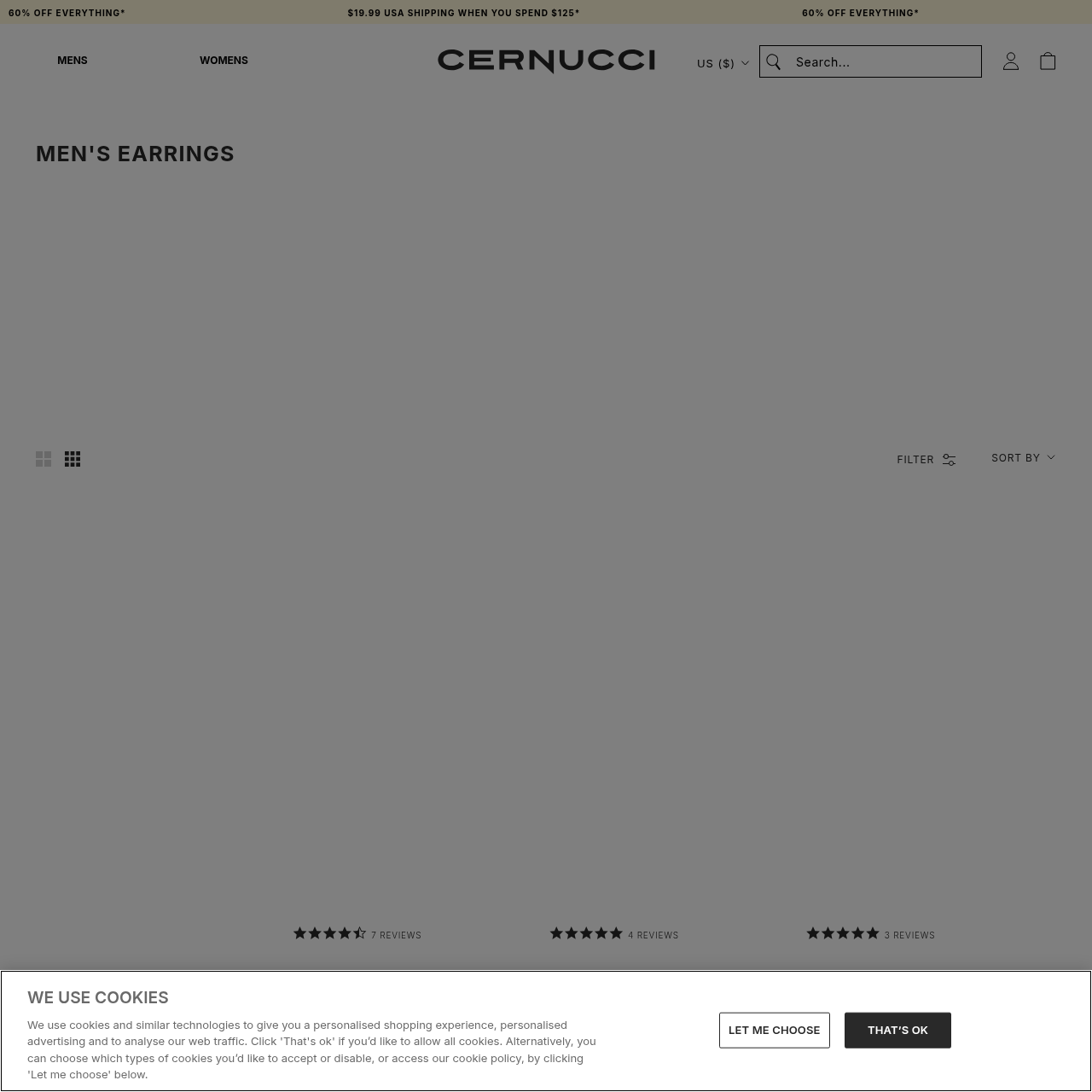 Cernucci US men's earrings collection page showing studs and hoops integrated within a premium men's lifestyle brand storefront