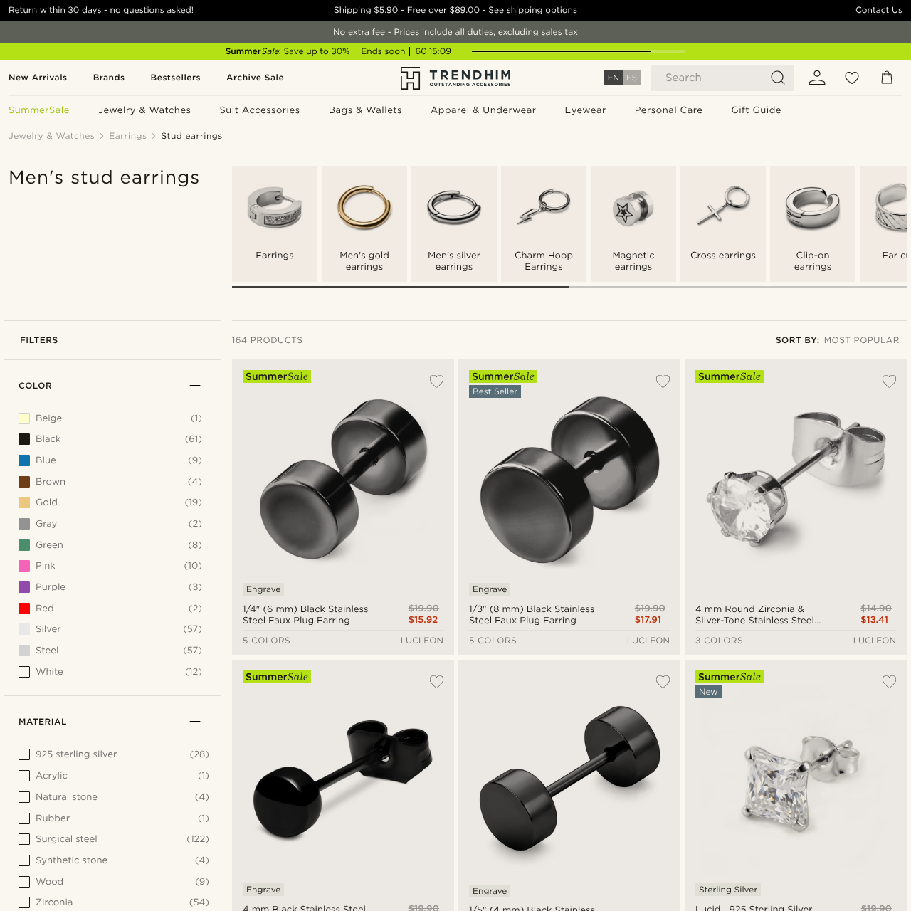 Trendhim men's stud earrings category page displaying 199 in-stock styles with filtering options across metals and silhouettes