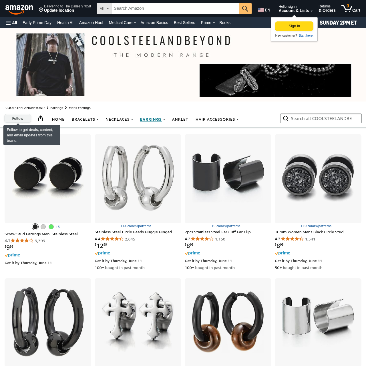 COOLSTEELANDBEYOND Amazon brand storefront showing a dedicated men's earrings catalog built around stainless steel stud formats