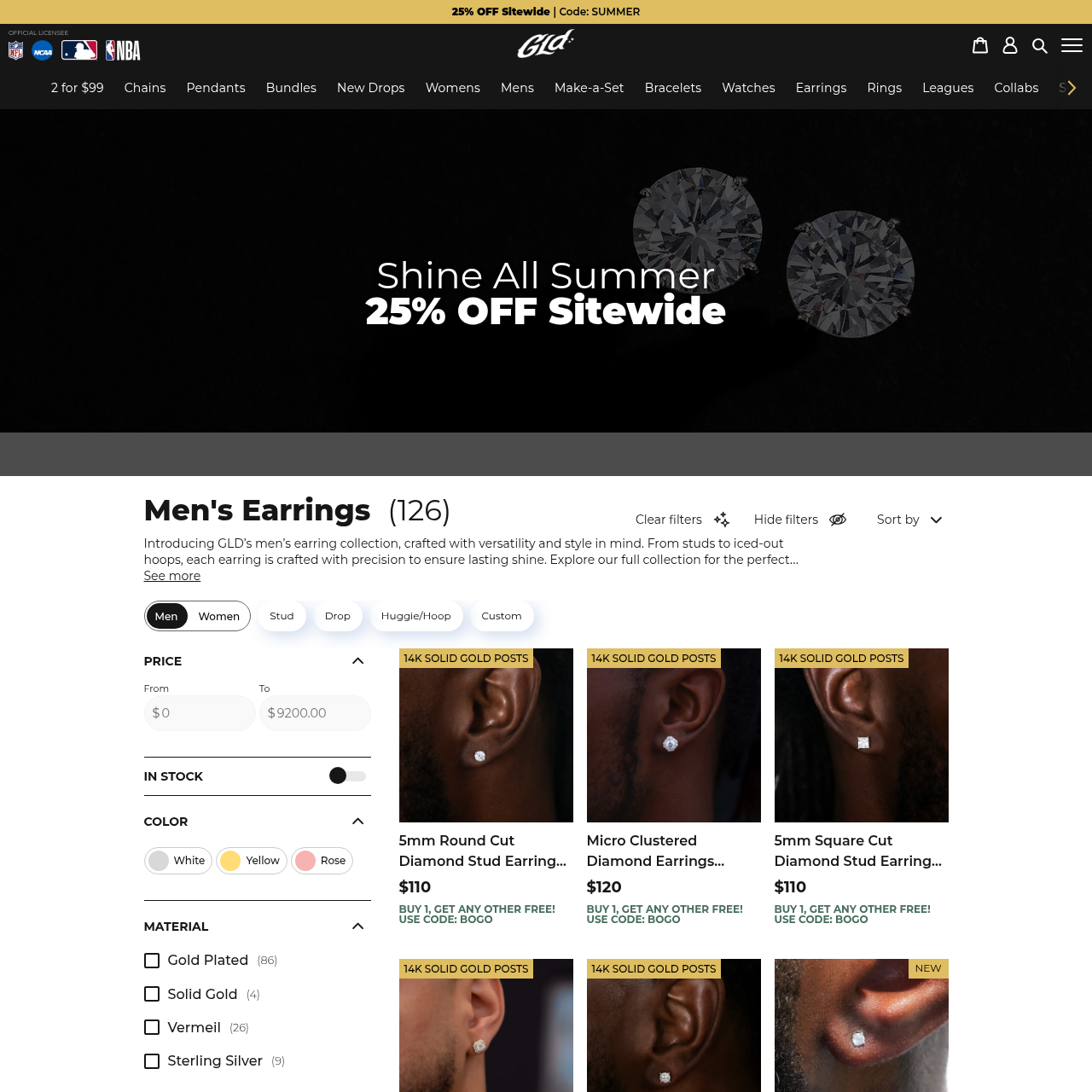 GLD Shop Men's Earrings Collection storefront showing men's jewelry category with lifetime guarantee and free shipping messaging