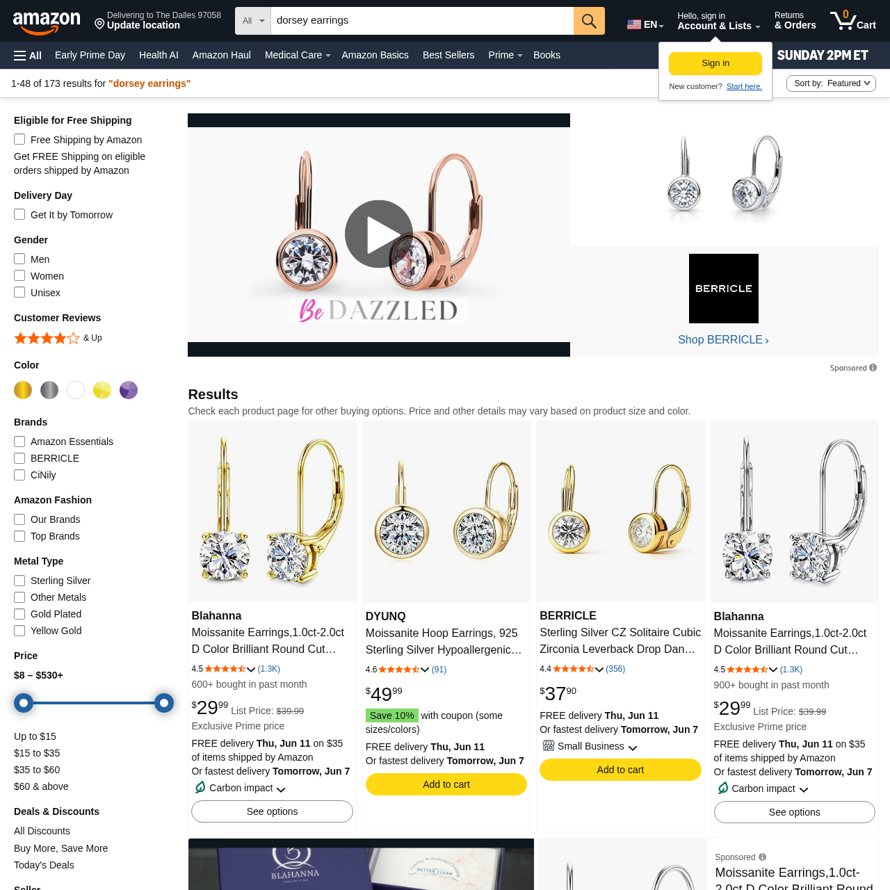 Amazon search results page for 'dorsey earrings' showing fragmented third-party seller listings