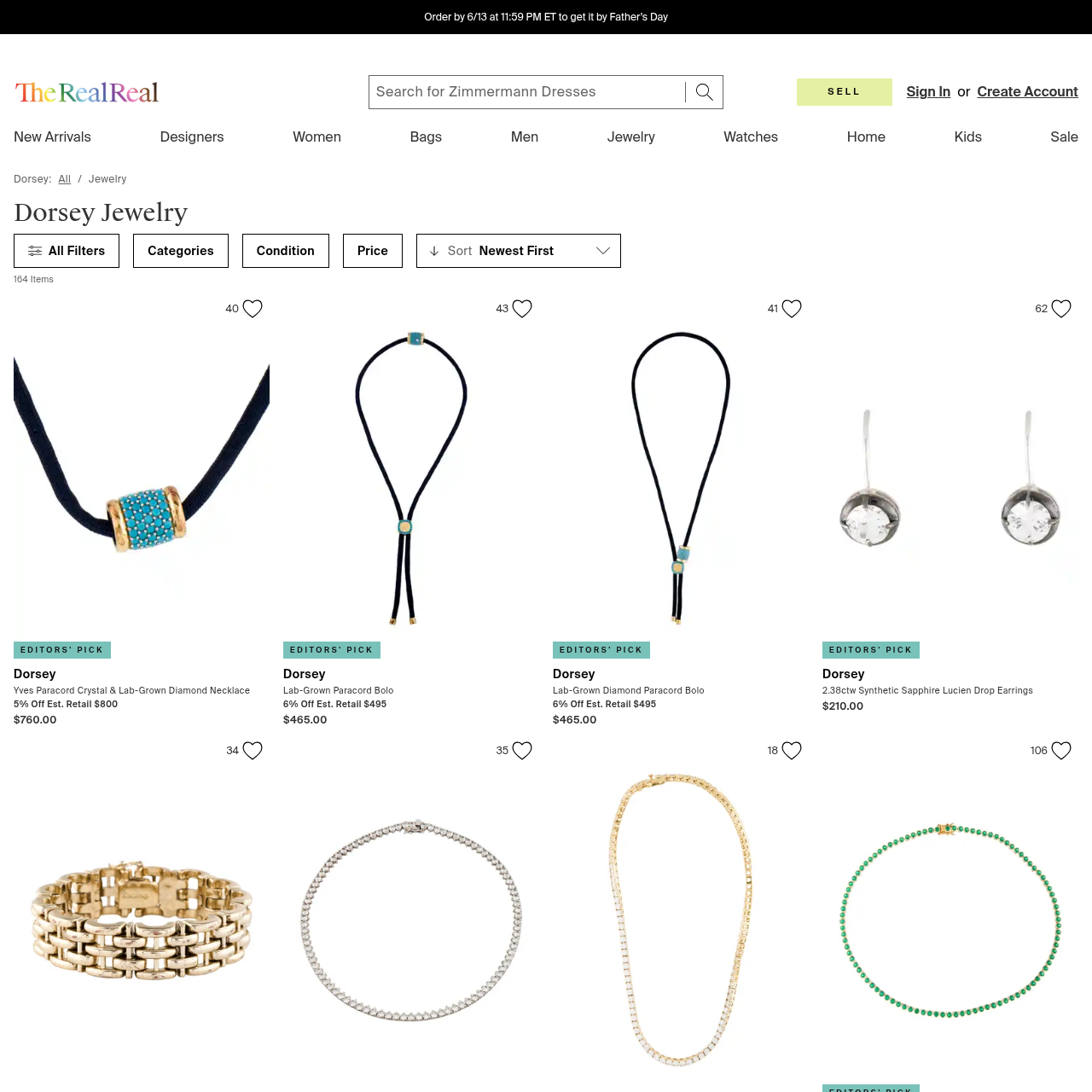 The RealReal's designer landing page for Dorsey jewelry showing authenticated pre-owned listings