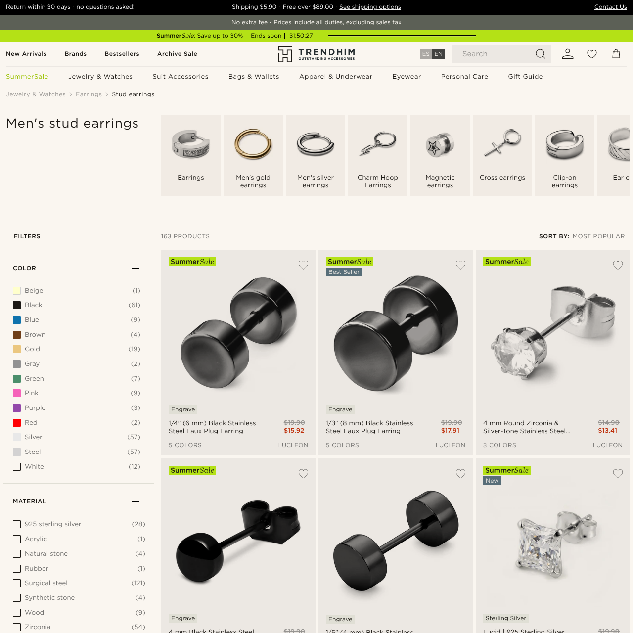 Trendhim men's stud earrings category page showing extensive style variety and organized product navigation