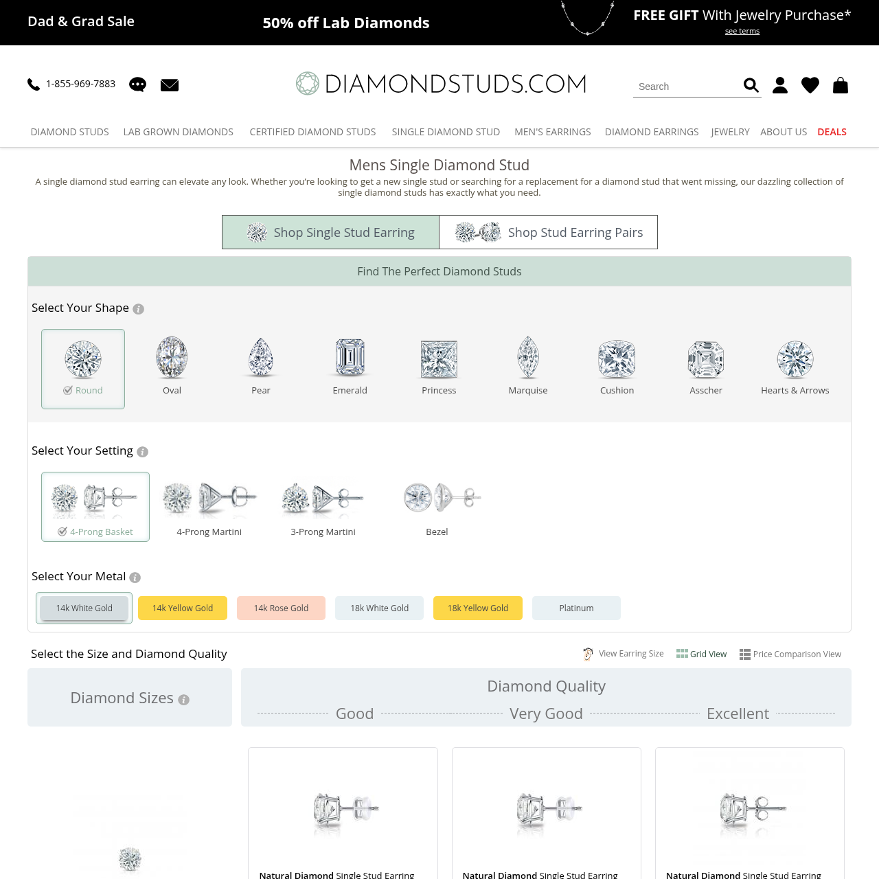 Diamondstuds.com men's single diamond stud page showing natural and lab-grown diamond configuration options