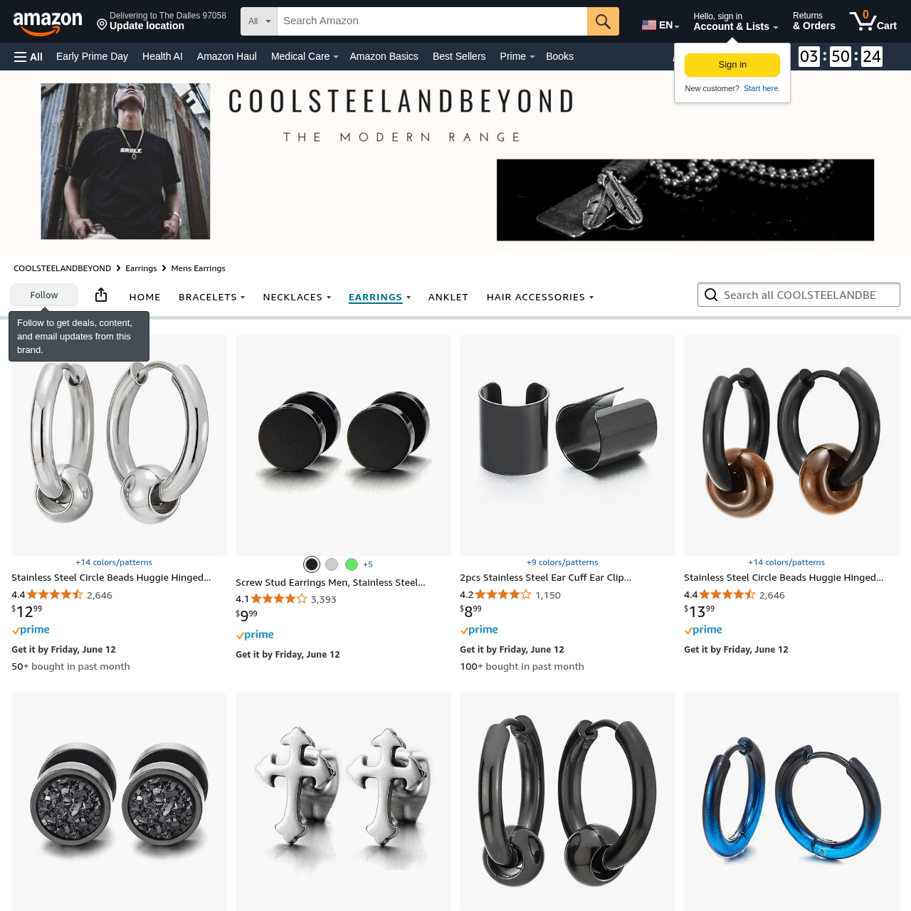 COOLSTEELANDBEYOND Amazon storefront showing the brand's men's stainless steel stud earring range