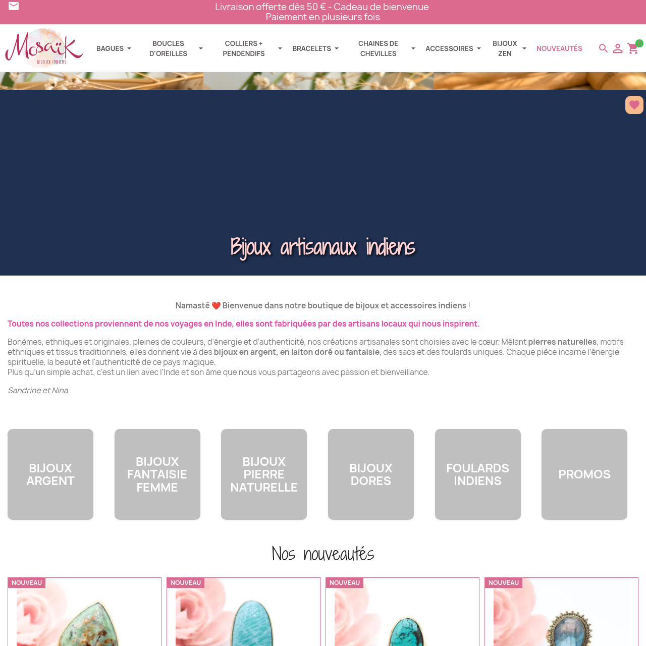 Page d'accueil de la Boutique Mosaik spécialisée en bijoux indiens ethniques