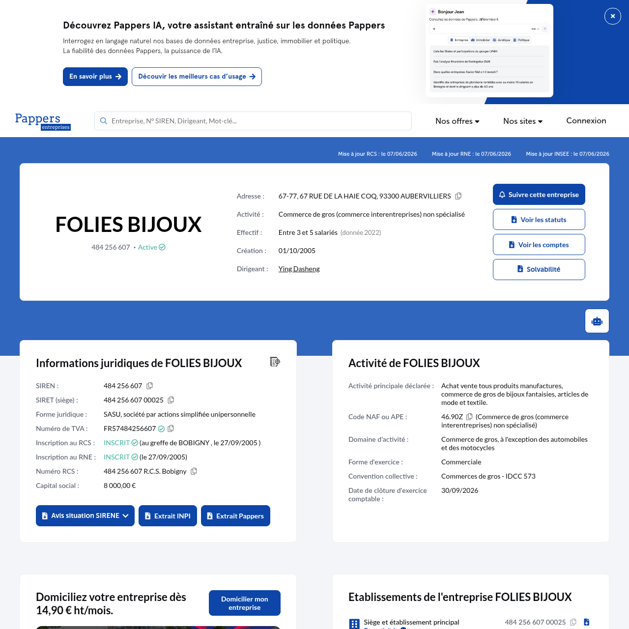 Fiche entreprise FOLIES BIJOUX sur Pappers.fr, plateforme de registre d'entreprises françaises