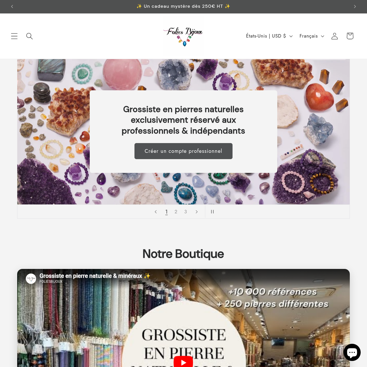 Interface de Folies Bijoux, grossiste en pierres naturelles et minéraux