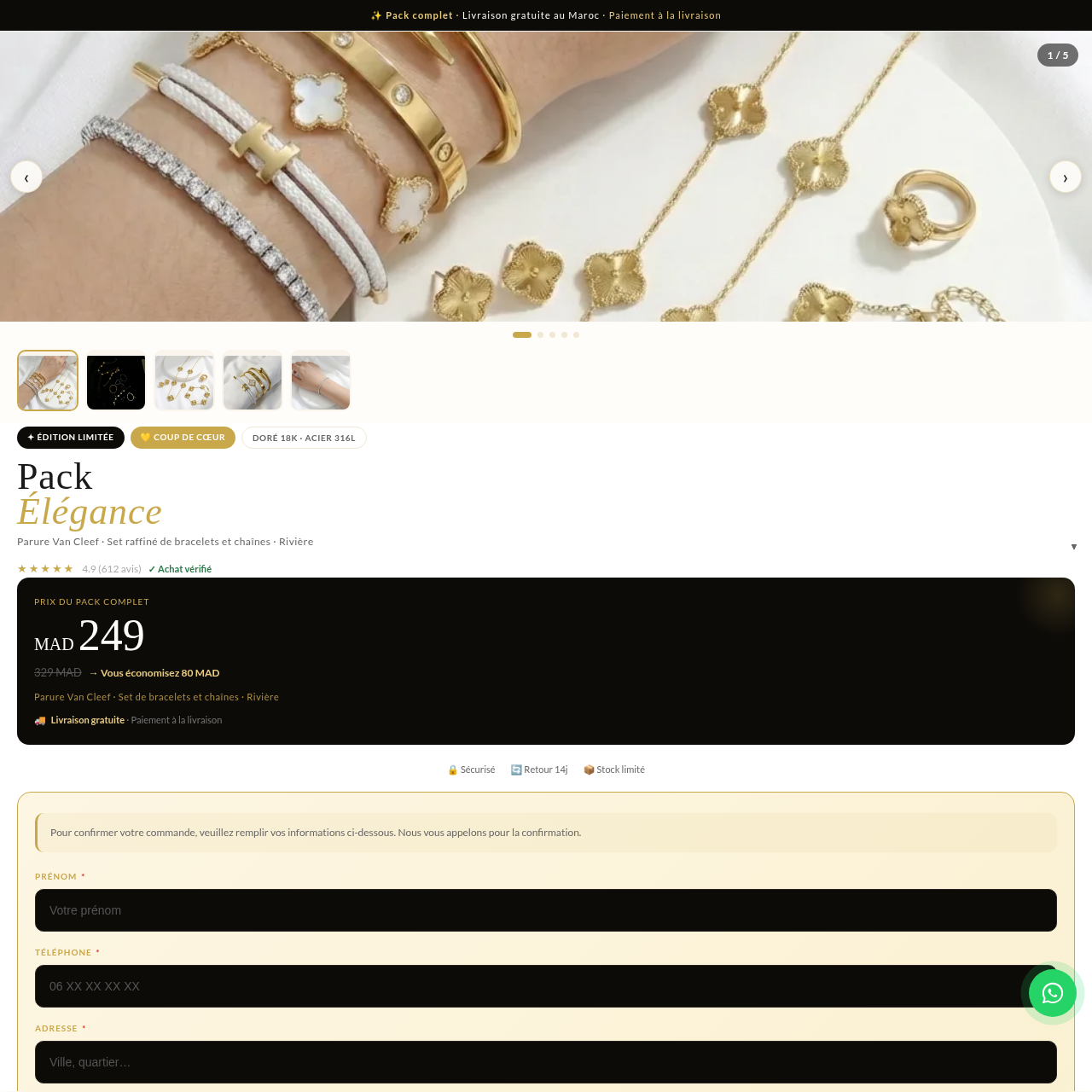 Interface de Maison Bijoux shop — Pack Élégance, bijoux dorés pour le marché marocain