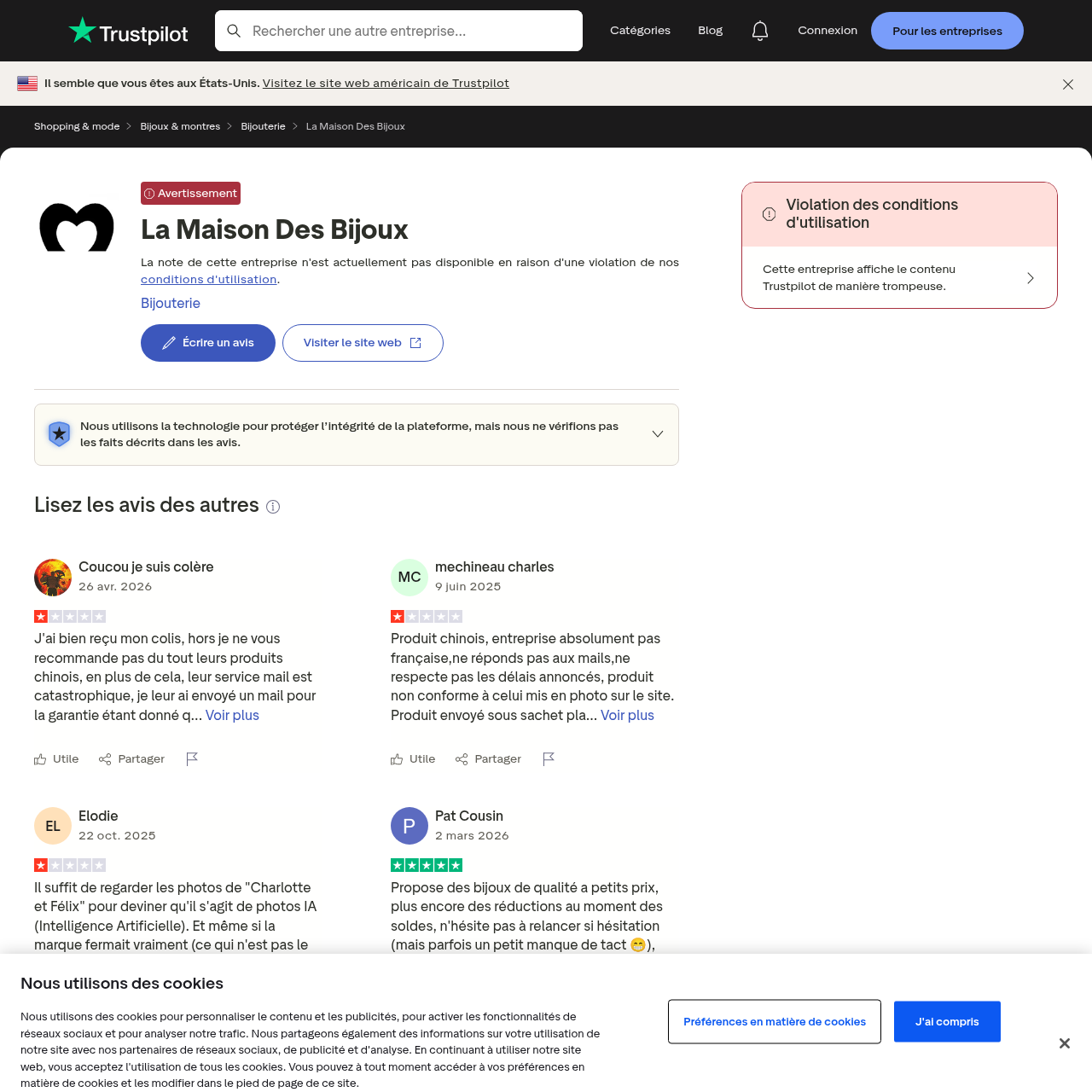 Fiche Trustpilot de La Maison des Bijoux — avis consommateurs et réputation en ligne