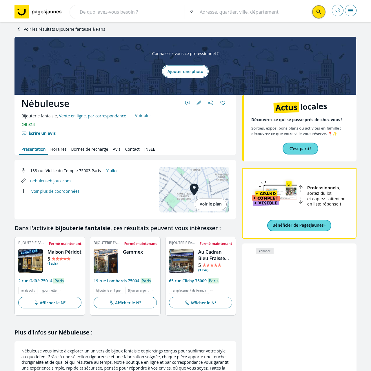 Listing Pages Jaunes de Nébuleuse Bijoux Paris