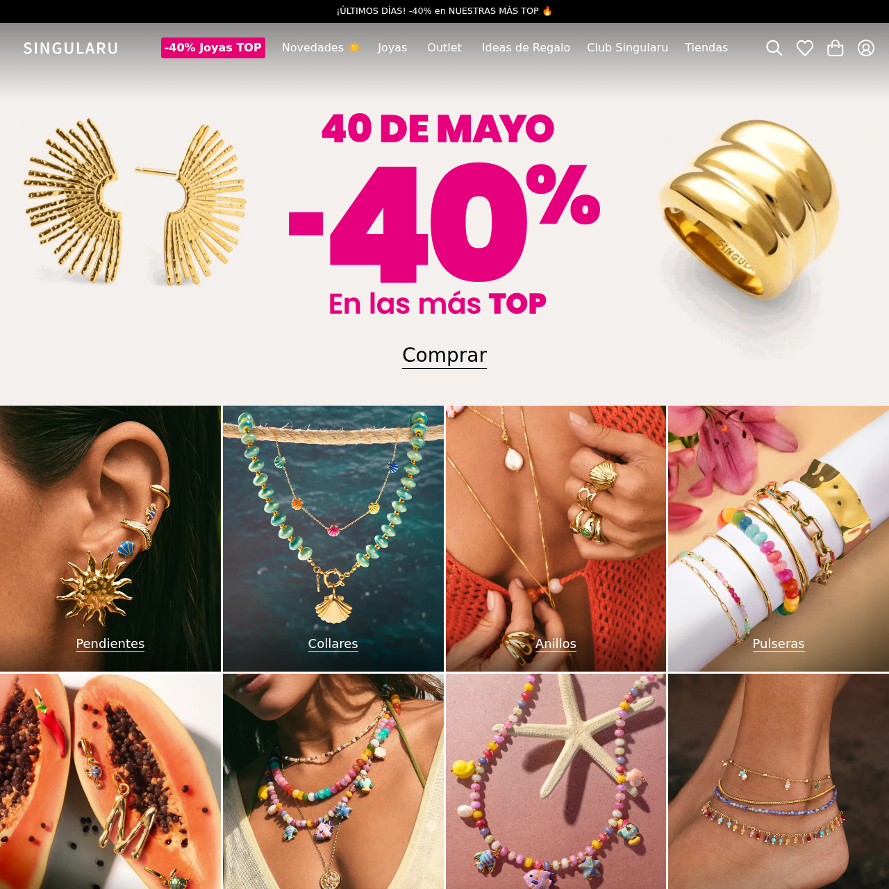 Catálogo y navegación de Singularu, marca DTC española de bisutería y joyería