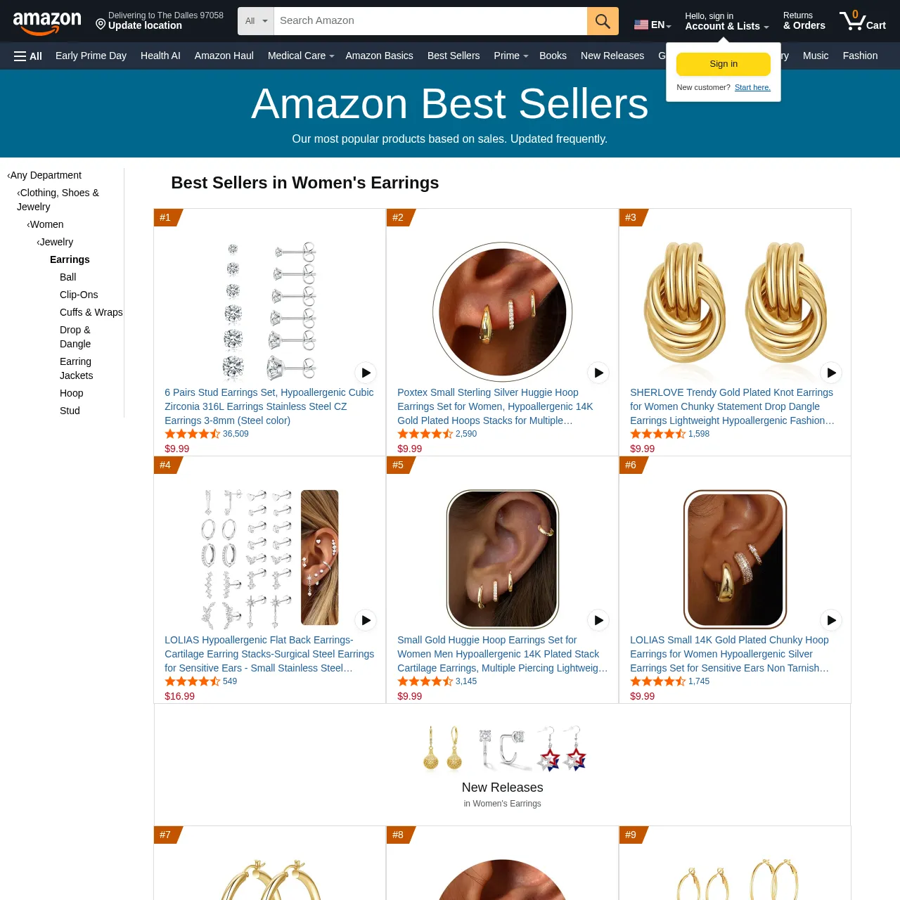 Amazon Best Sellers Women's Earrings