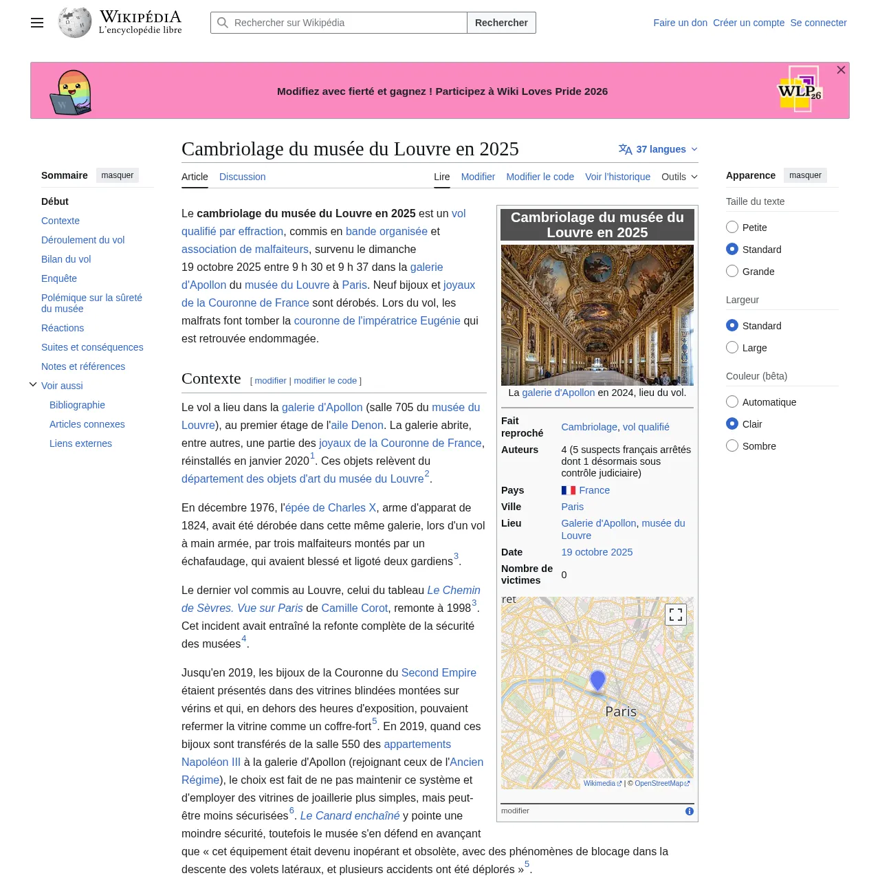 Article Wikipédia sur le cambriolage du musée du Louvre en 2025