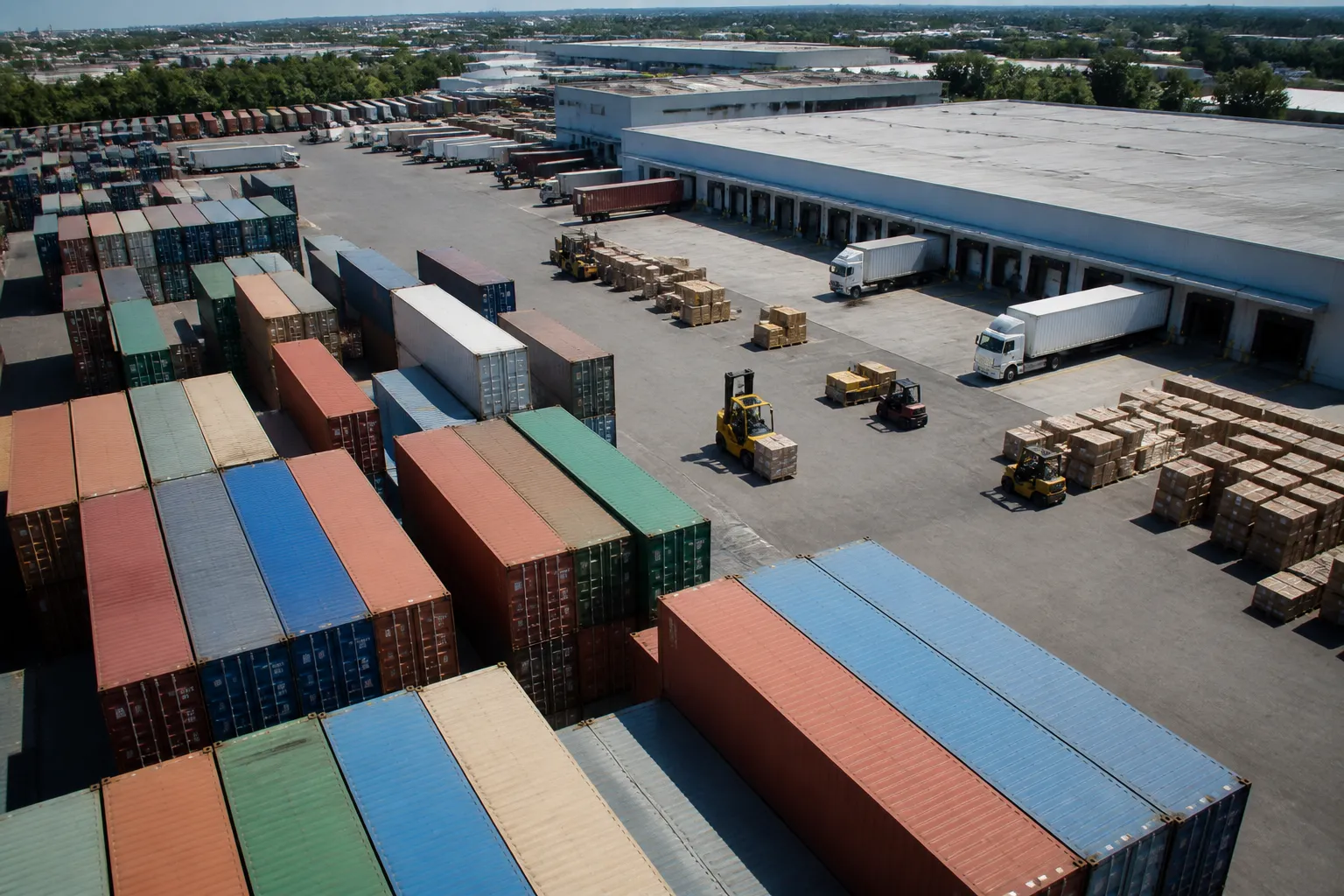 china wholesale distributors - Photorealistic aerial view of a large U.S. import warehouse with shipping containers marked with Chinese and American port labels, forklifts moving pallets of wholesale goods