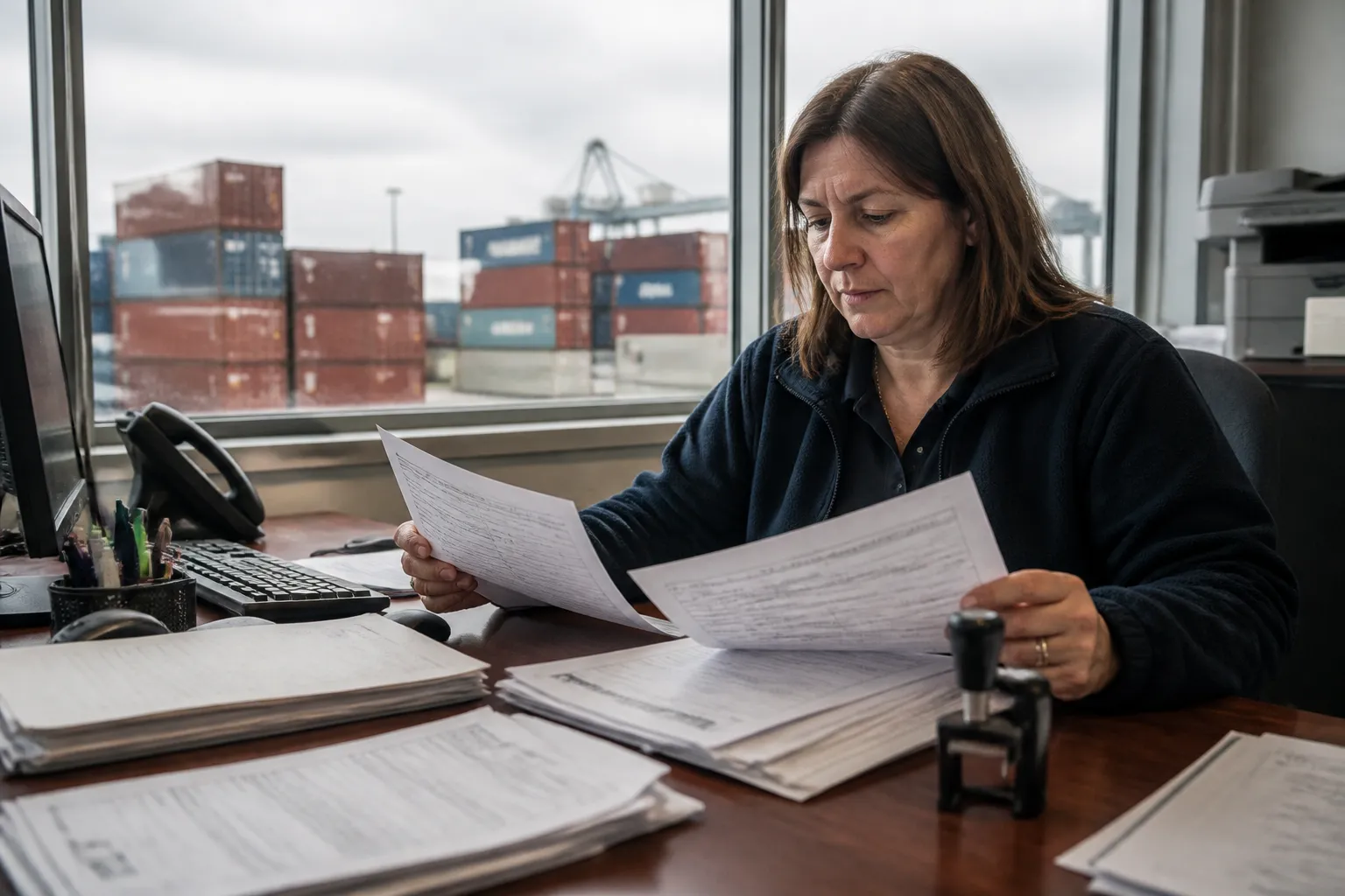 china wholesale distributors - Editorial photo of a U.S. customs broker reviewing shipping documents and a CBP import entry summary at a port facility desk, with shipping containers visible through the window