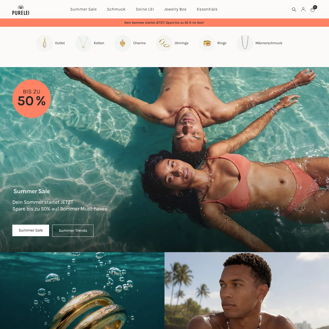PURELEI Homepage mit wasserfestem, nachhaltigem und allergikerfreundlichem Schmuck